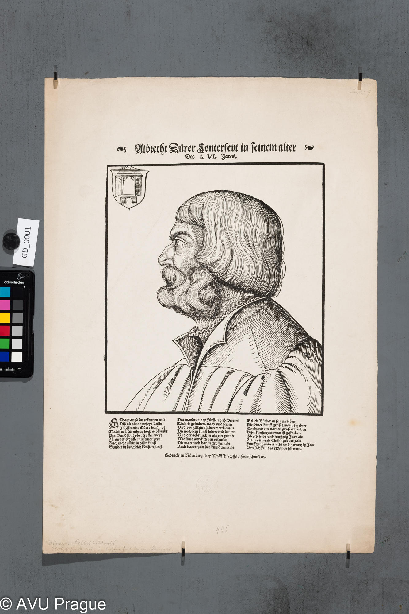 Albrecht DürerAutoportrétDřevořez37x 25,555 x 38,519.stol- Facsimile, reprodukction der Reichsdruckerei Berlin; C.K.AKADEMIE V PRAZE / K.K. KUNST AKADEMIE PRAG