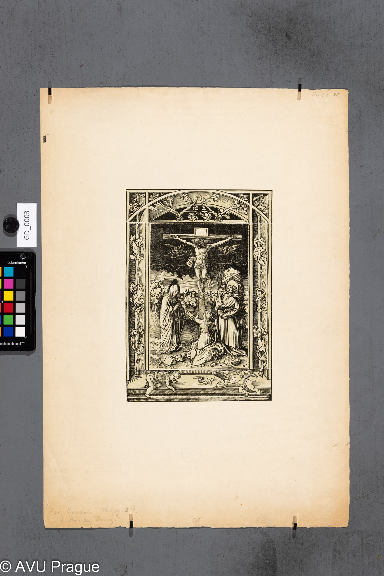 Lucas von Cranach, Ukřižování, dřevořez - 2 barvy, 26,5 x 18,3, papír - 55 x 38,4; 19.stol- Facsimile, reprodukction der Reichsdruckerei Berlin; C.K.AKADEMIE V PRAZE / K.K. KUNST AKADEMIE PRAG