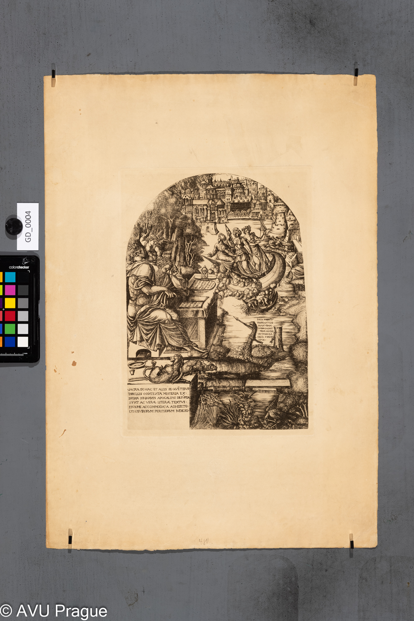 Neznámý autor, Sv. Jan píše Apokalypsu, rytina, 31,5 x 22,6, papír - 55 x 38,5; 19.stol- Facsimile, reprodukction der Reichsdruckerei Berlin; C.K.AKADEMIE V PRAZE / K.K. KUNST AKADEMIE PRAG