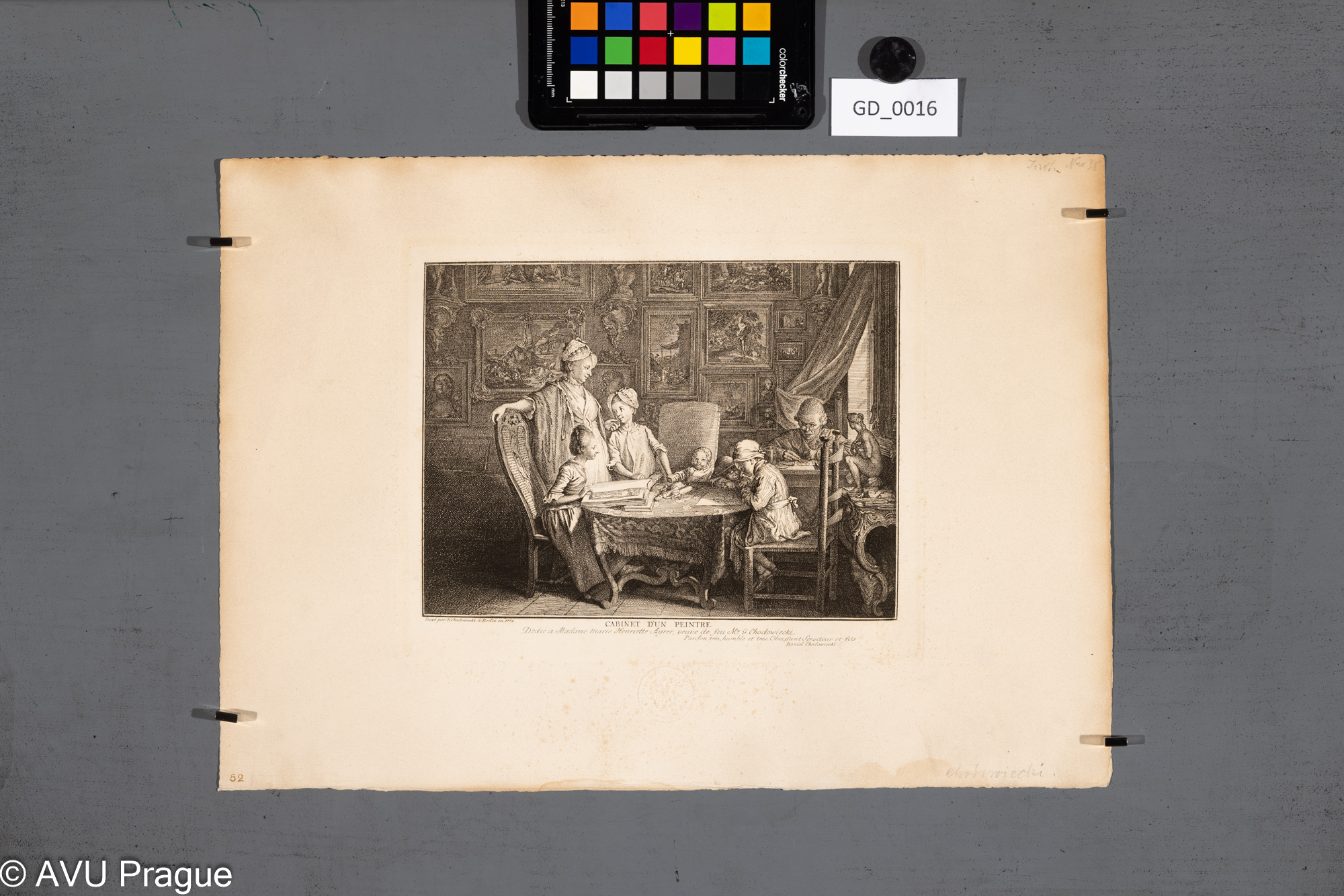 Daniel Chodowiecki, Malířuv ateliér, 1771-originál, lept, 19,7 x  23, papír - 27,6 x 39; 19.stol- Facsimile, reprodukction der Reichsdruckerei Berlin; C.K.AKADEMIE V PRAZE / K.K. KUNST AKADEMIE PRAG