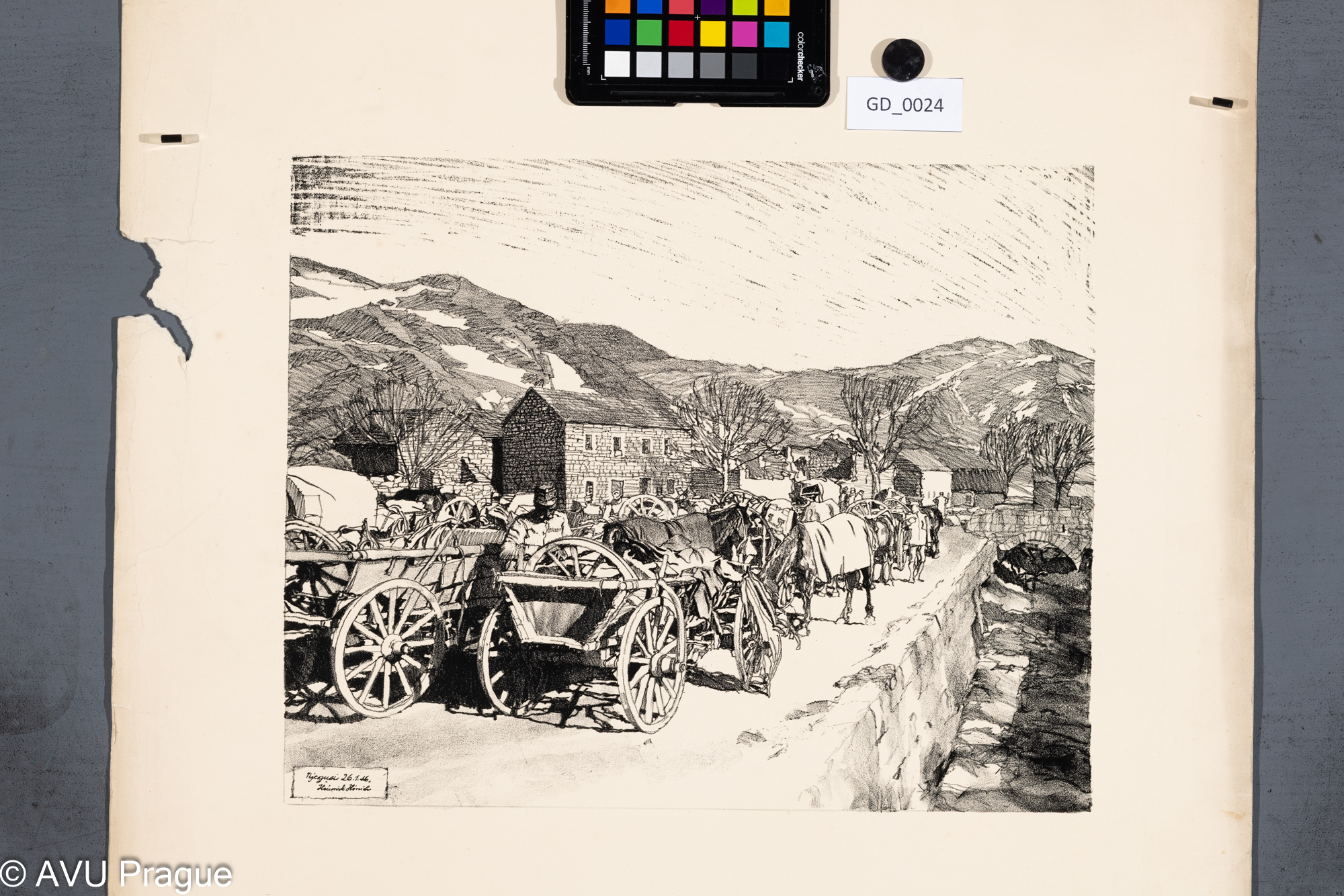 Heinrich Hönich, Vojáci na cestě s povozy, 26.01.1916, Litografie, 30 x 38,1, papír - 66,3 x 53,7