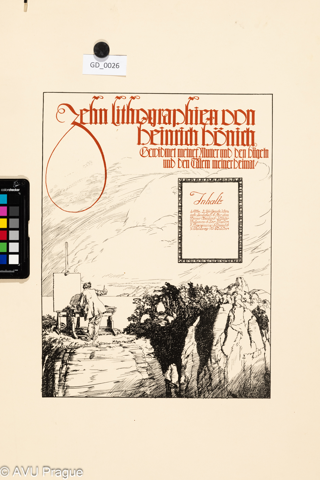 Heinrich Hönich, Titulní list s obsahem, 1917, Dvou barevná Litografie - kresba perem, 38,2 x 28,6, papír - 67,3 x 50,2, Zehn Litographie von Heinrich Hönich