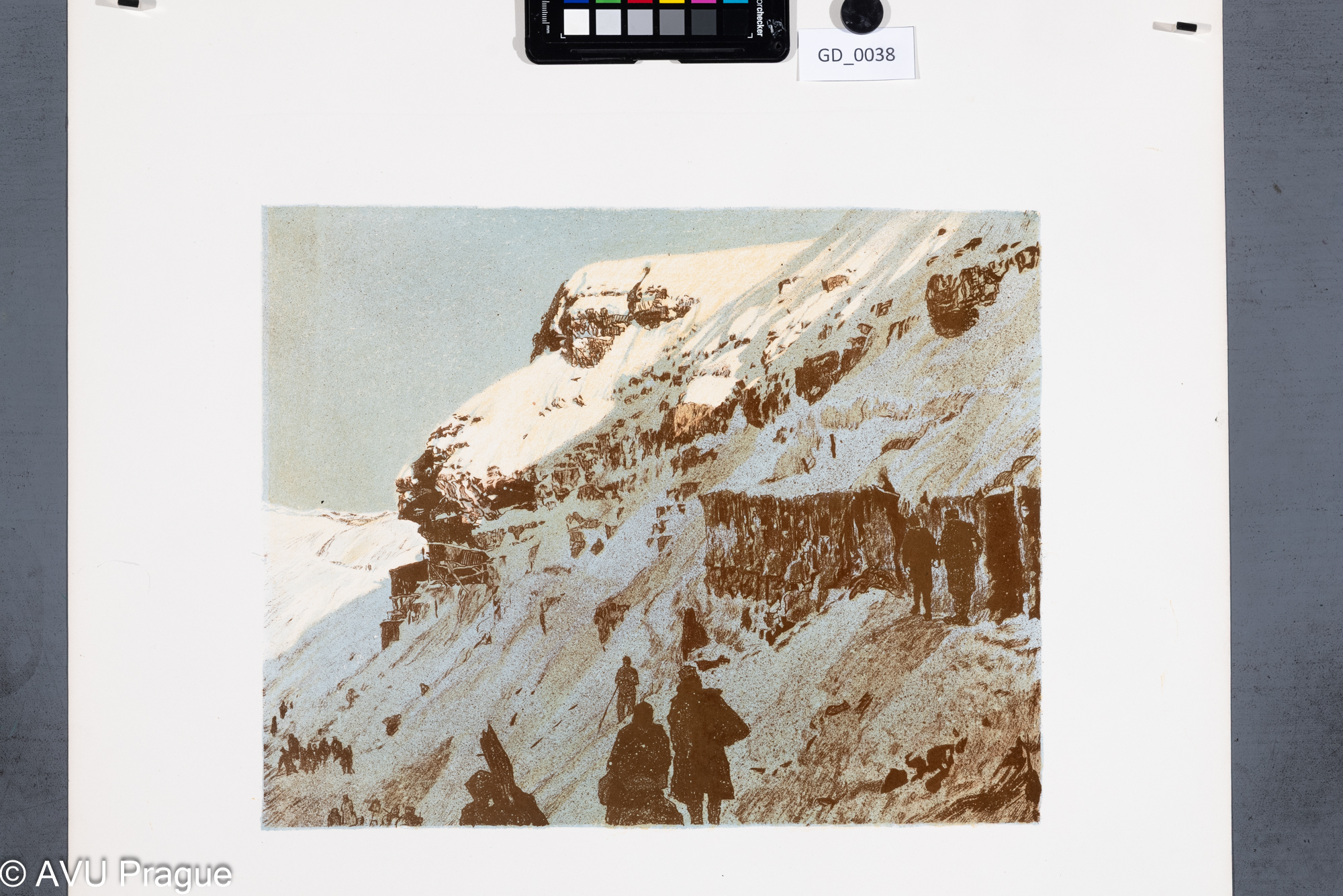 Heinrich Hönich, Vojáci v zasněžených horách, 1917, Barvená litografie, 29,3 x 36,7, papír - 59,8 x 54,6, Hönich - An der Tirroller Front