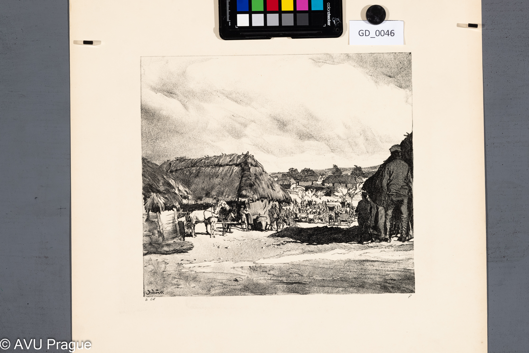 Heinrich Hönich, Vesnice s vojskem, 1916,Litografie, 24,2x 27,5, 43,9x 41,8; z válečné složky Z haličské fronty č.7