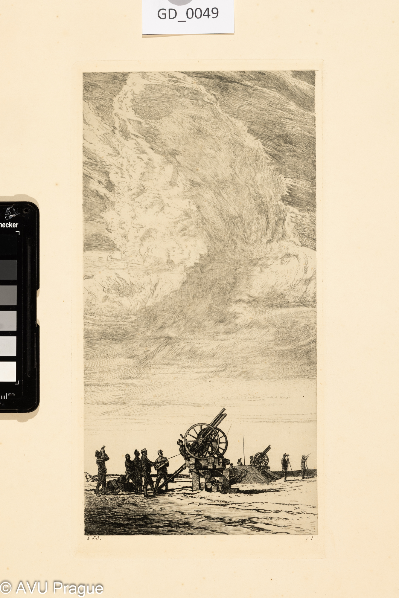 Heinrich Hönich, Dělostřelci, Lept, 1916;  29,8 x 15, 43,6x 42,z válečné složky Z haličské fronty č.13