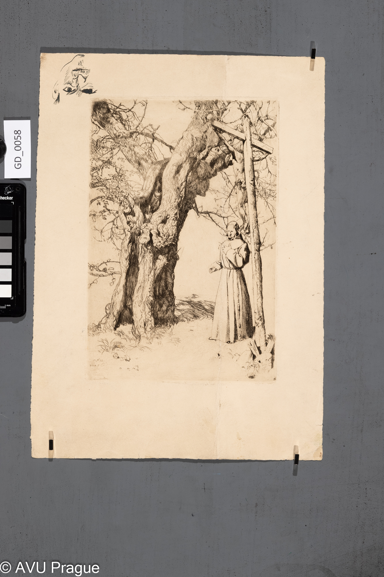 Heinrich Hönich, Strom, mnich, kříž s kristem; Lept; 26,8 x 17,7; 37,8 x 27,3