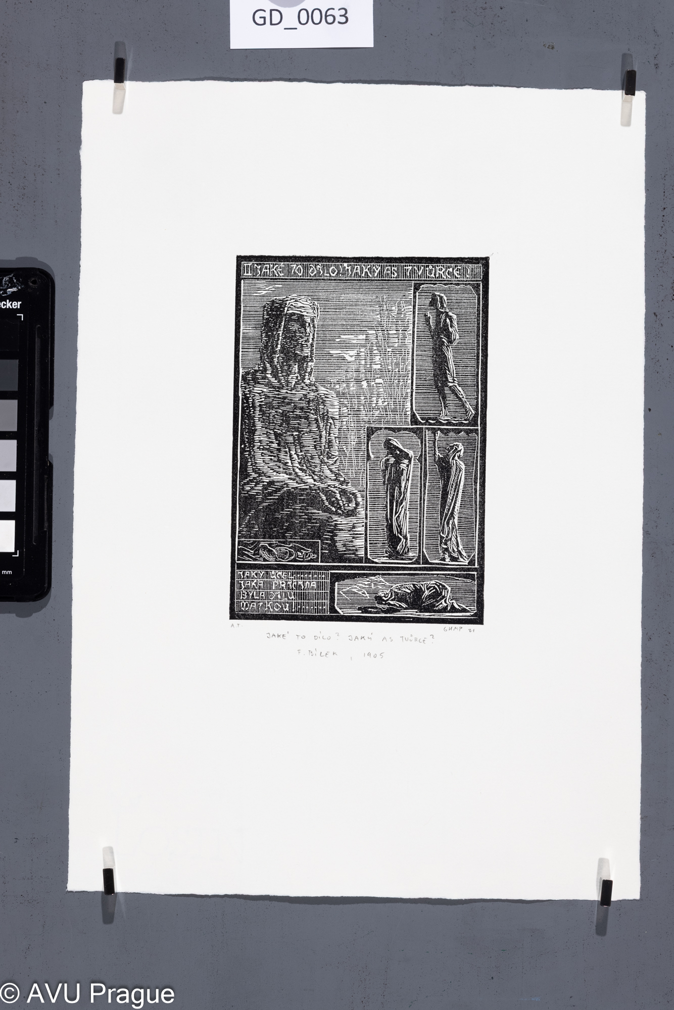František Bílek;Jaké to dílo? Jaký as tvůrce?; 1905; Štoček z kovu z dřevorytového orig.;13,1 x 9,5; 30,5 x 20,2; Bílek - novotisky z originálních matric GHMPtisk 2021