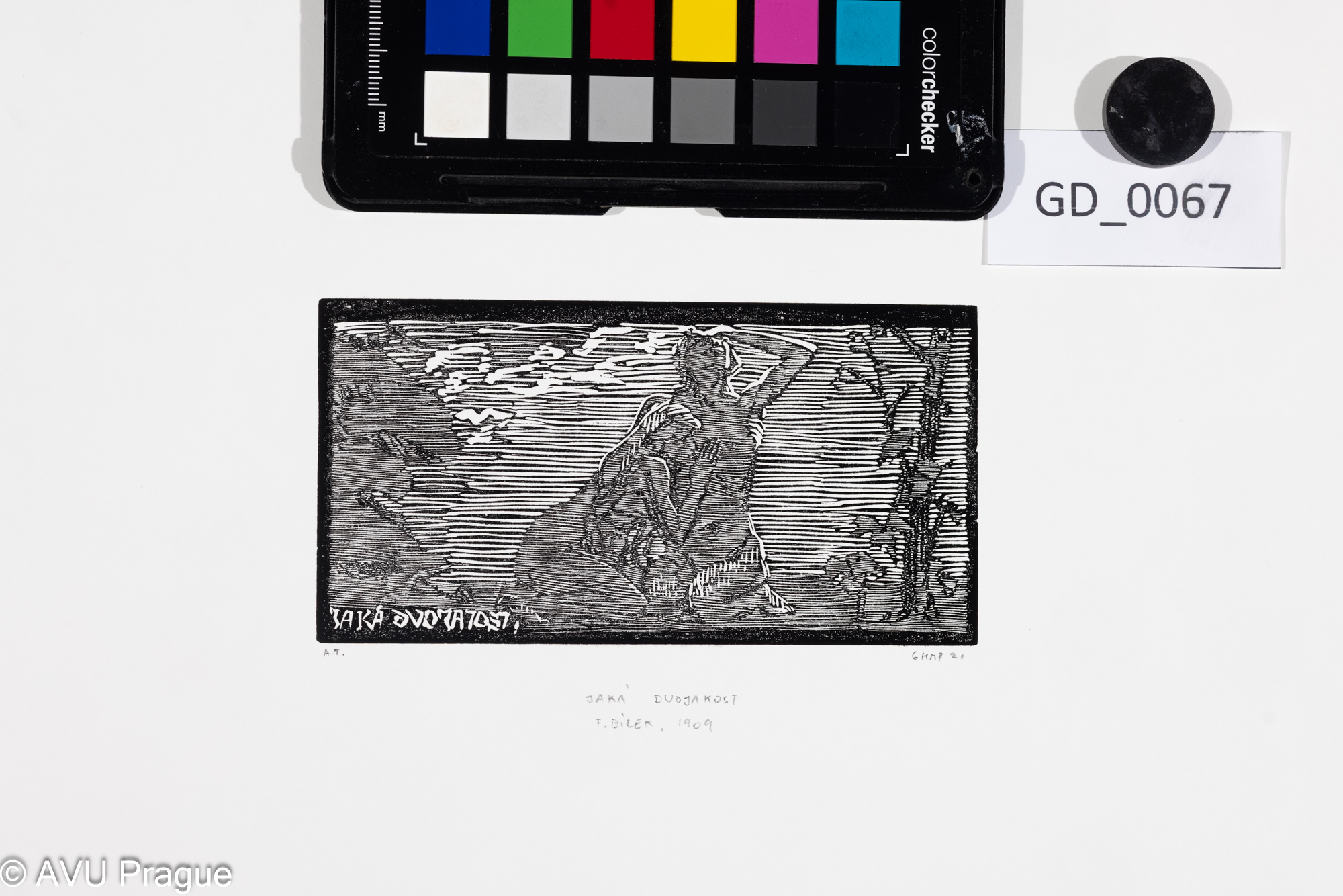 František Bílek;Jaká dvojakost;1909; Dřevoryt;6,8 x 12,1; 25,7 x 33; Bílek - novotisky z originálních matric GHMPtisk 2021