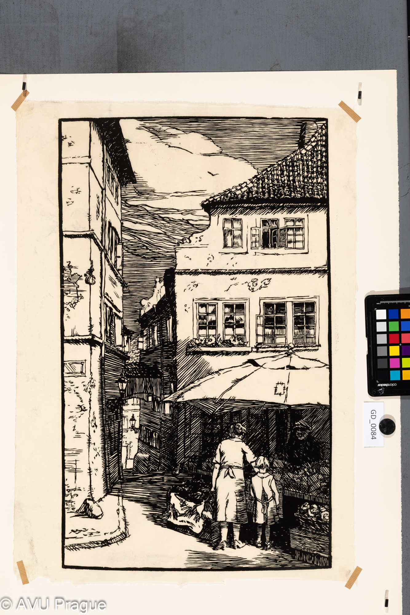 Ulička s chodci;30 léta; Dřevořez;55,8 x 33,3; 59 x 41,5; Hönich