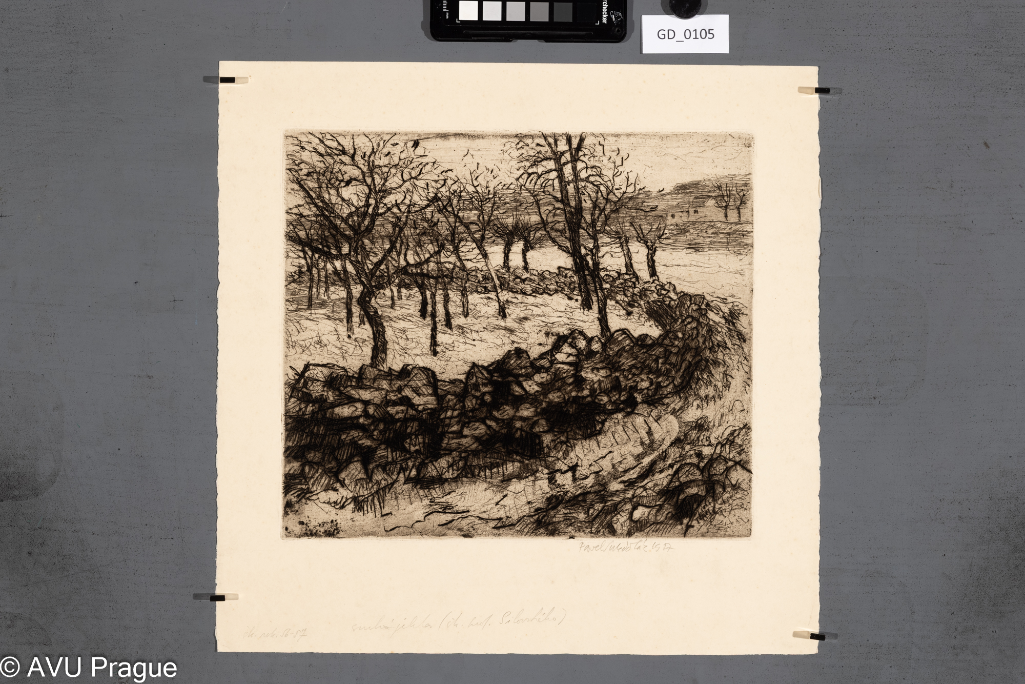 Pavel Sukdolák; Cesta sadem;1947; Suchá jelha; 26,2 x 30,2; 37 x 38,3; Silovský