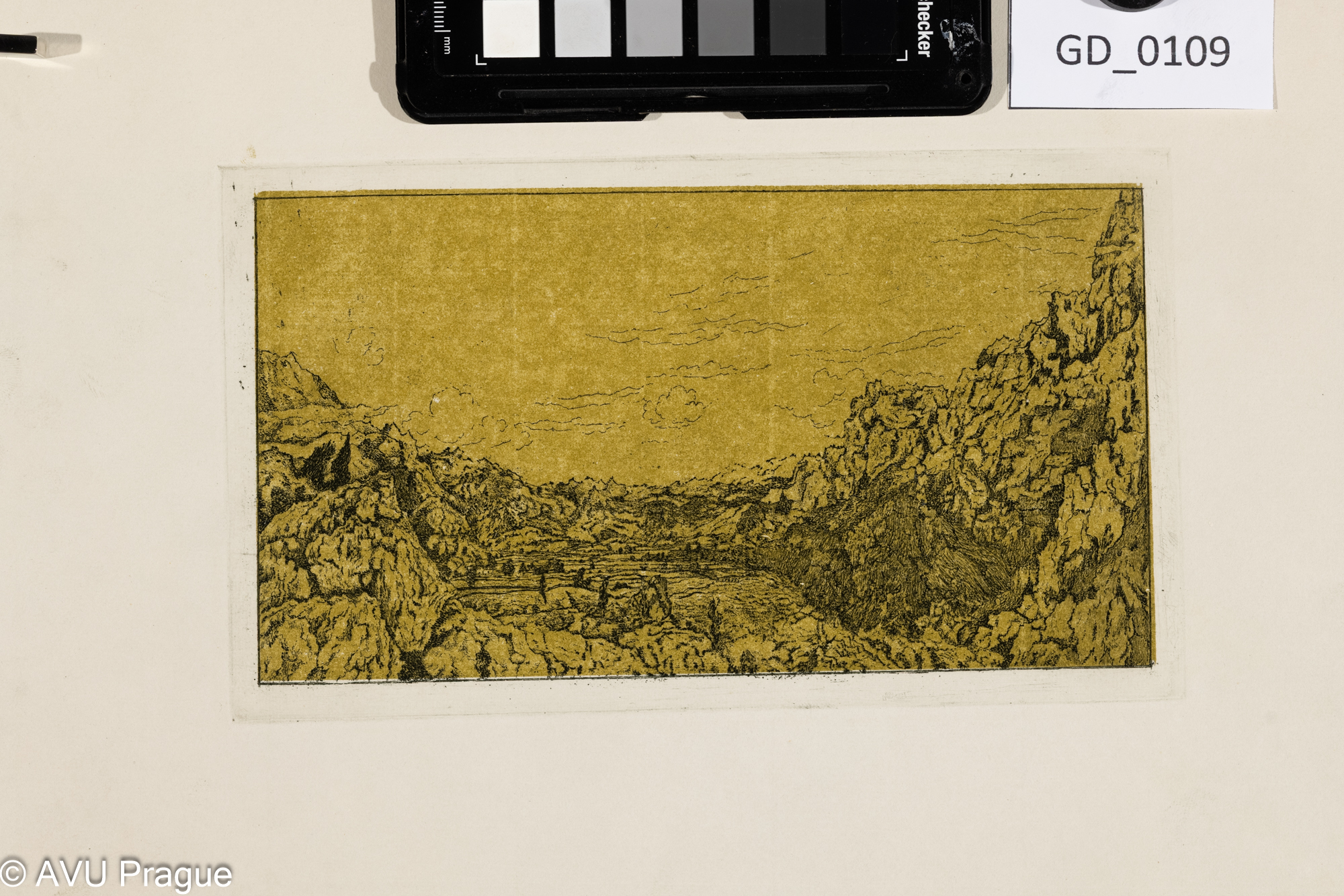 Emmanuel Ranný st; Kopie krajiny - Hercules Seghers II.; 1938; Lept / akvatinta; 11,7 x 20; 23,8 x 30,8;Šimon