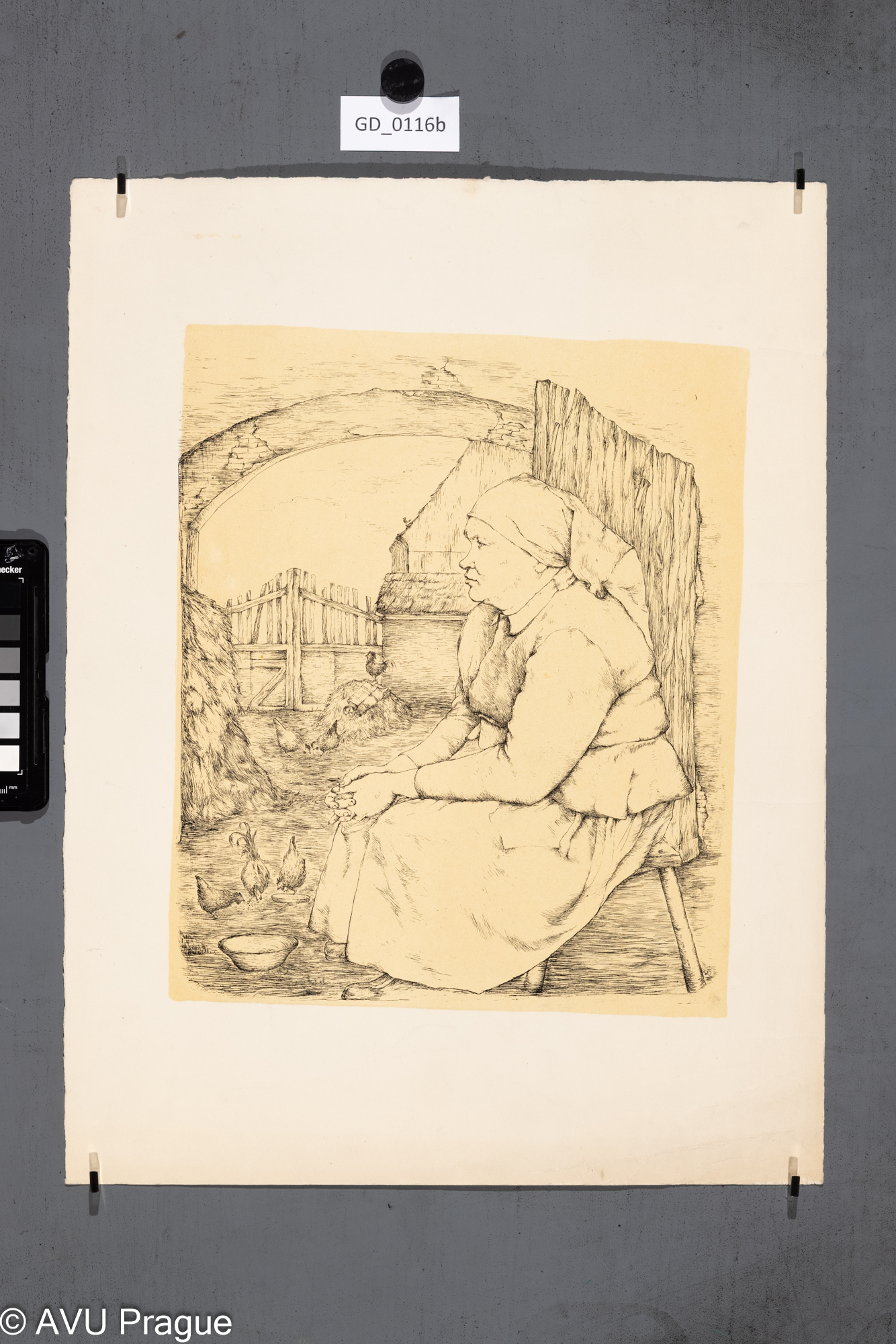 Nezjištěn;Studie selky na dvoře;Litografie - kresba tuší, podtisk;31,2 x 26,5 ; 46,4 x 35