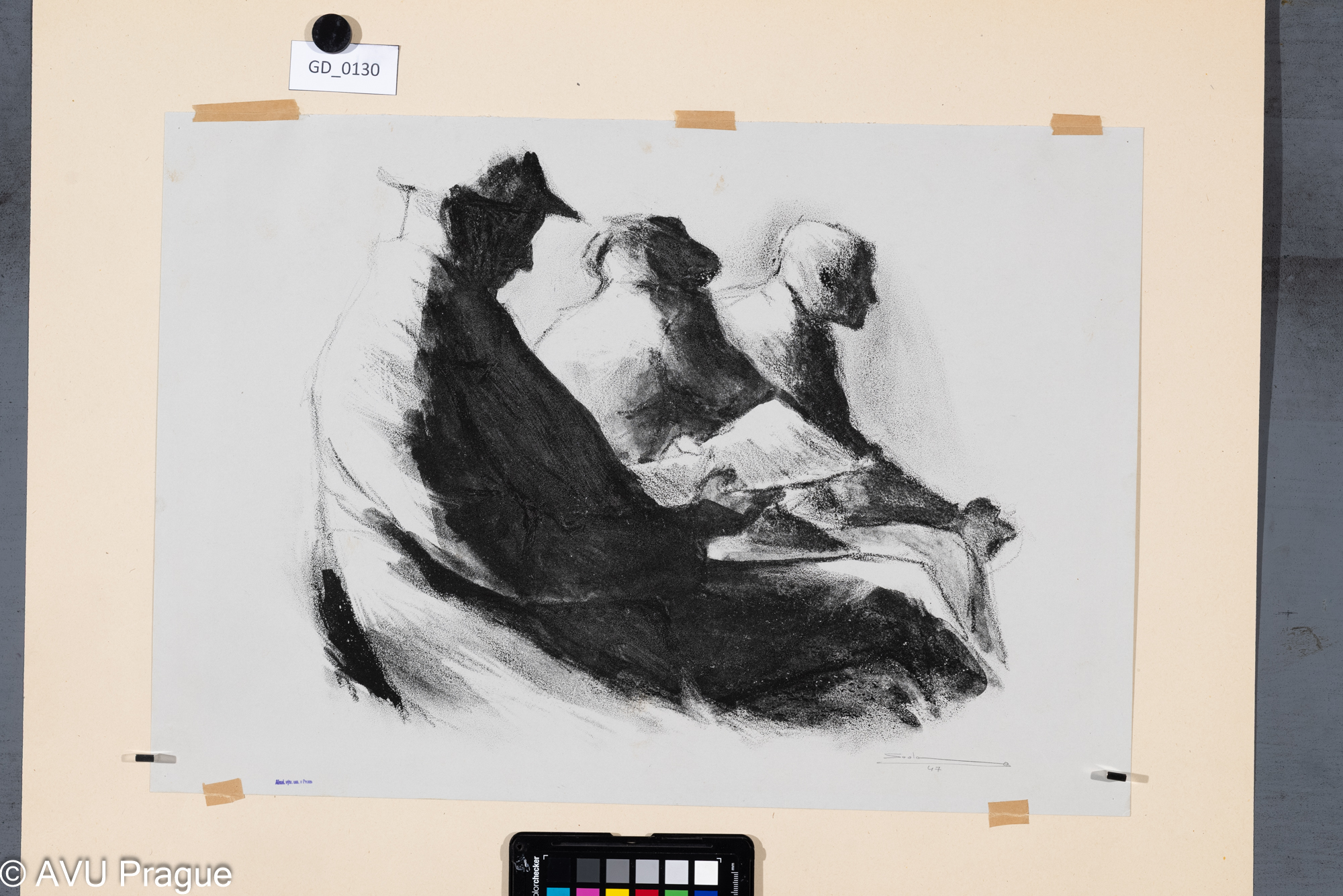 Nečitelná signatura; Sedící - V čekárně; 1947; Litografie; 35 x 50