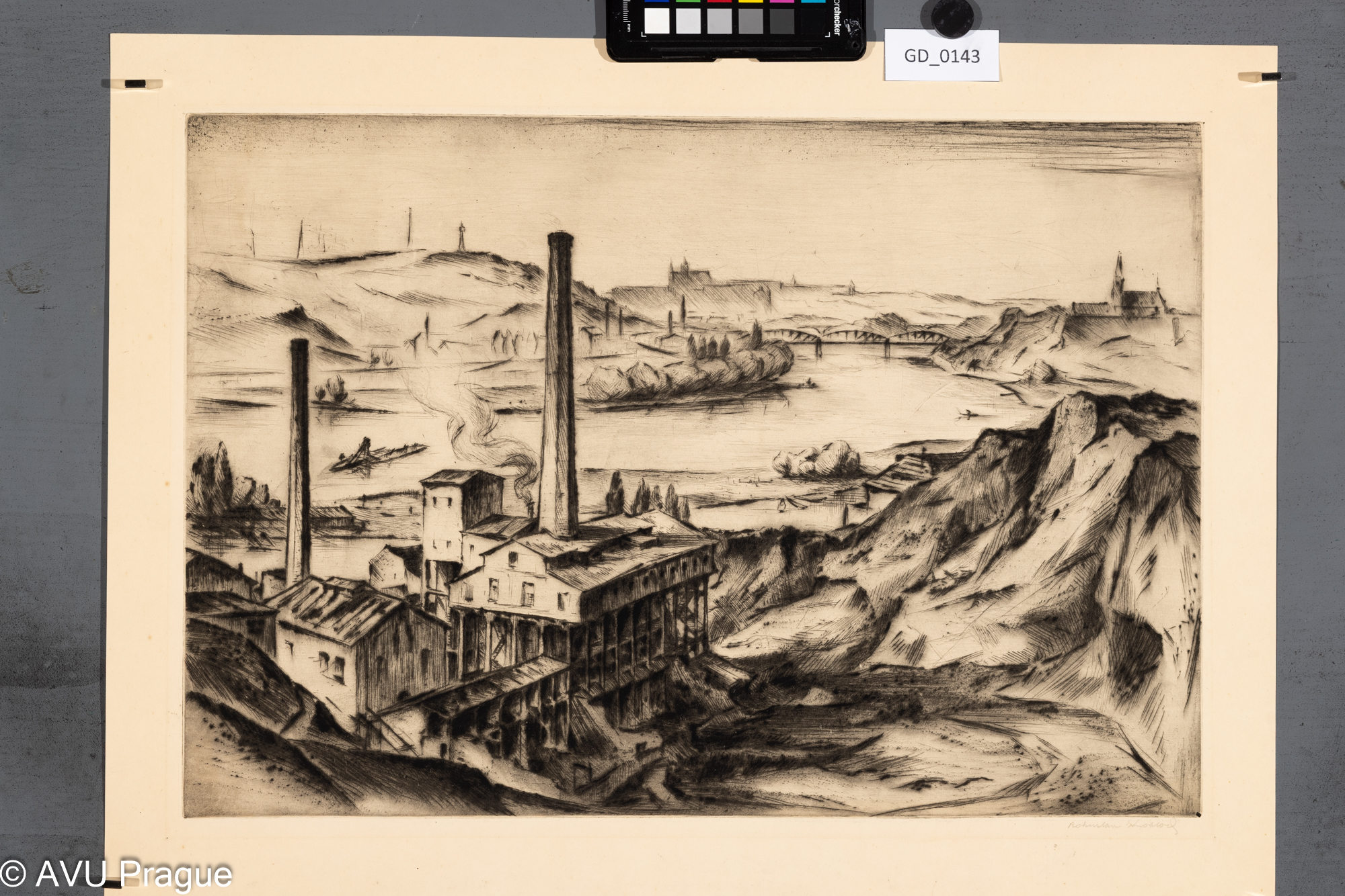 Bohuslav Knobloch; Pohled z Podolí na Prahu; Suchá jehla; 34,5 x 49;42,8 x 56,2; Silovský