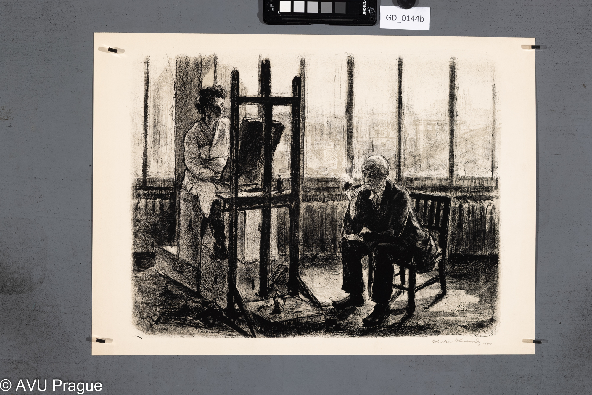 Bohuslav Knobloch; V atelieru; 1950; Litografie - lavirovaná tuš, podtisk; 30,2 x 42; 35 x 48,5;Silovský