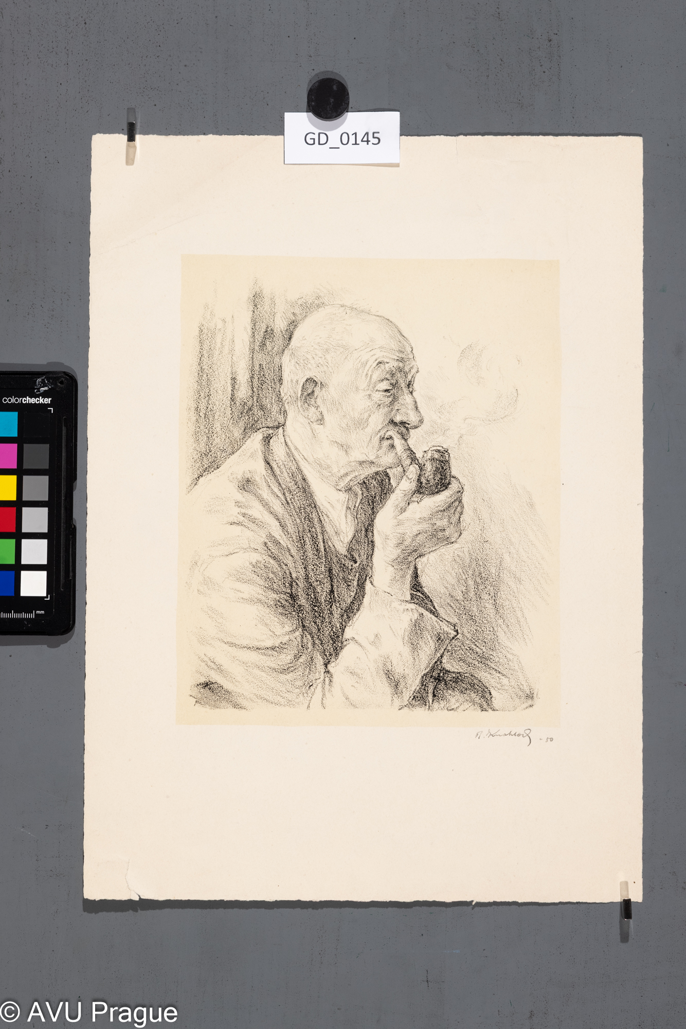 Bohuslav Knobloch; Studie muže s dýmkou; 1950; Litografie; 22,3 x 18; 36,3 x 26,3;Silovský