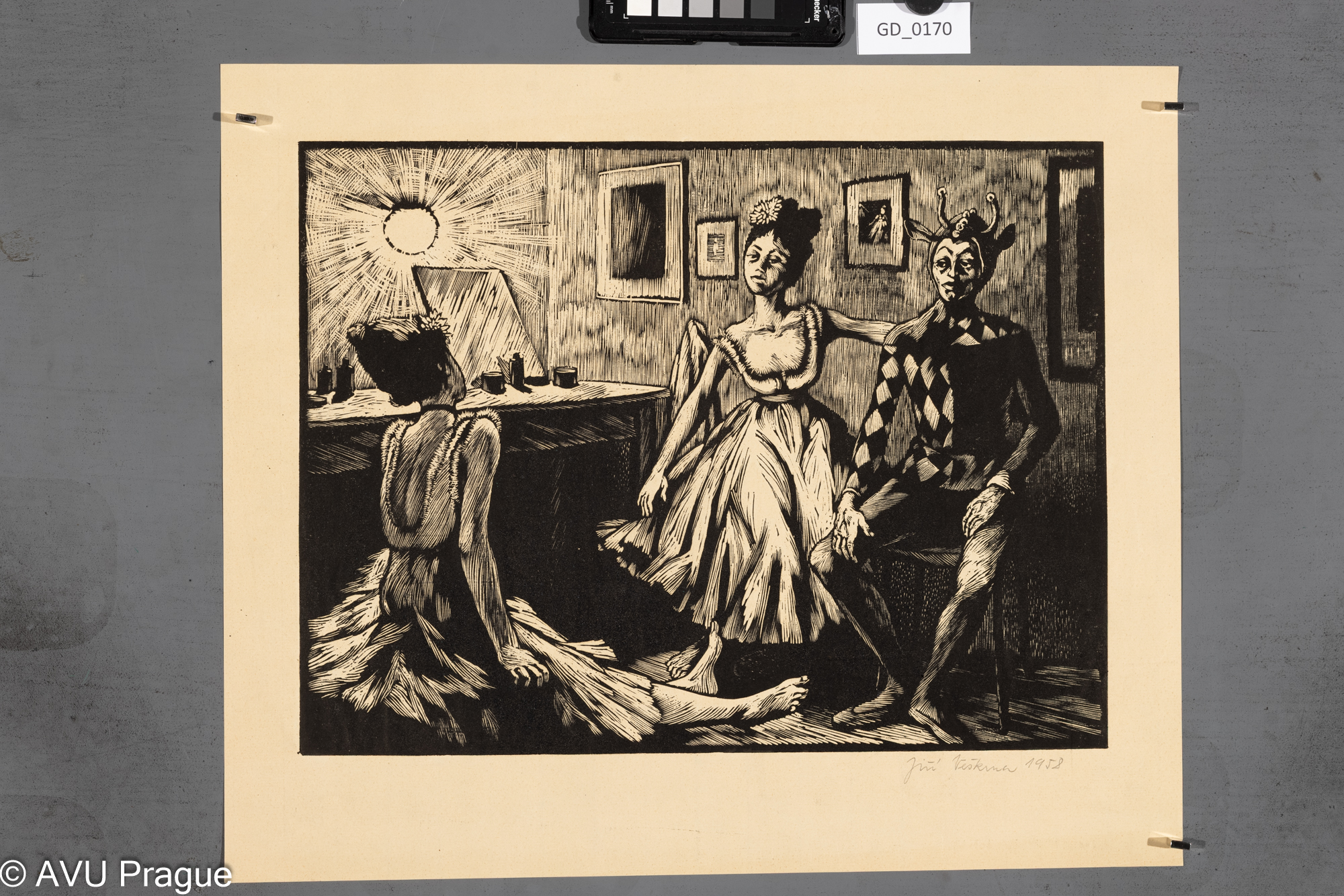 Jiří Veškrna; Pierot a kolombíny;1958; Dřevoryt; 29,9 x 35; 39,2 x 46,8; Silovský