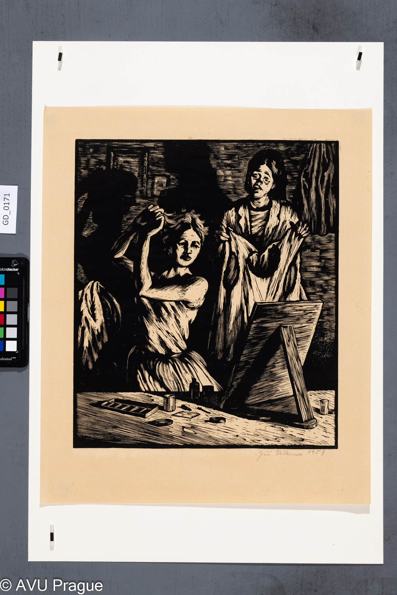 Jiří Veškrna; V divadelní šatně;1958; Dřevoryt; 35,2 x 30; 45 x 37,4; Silovský