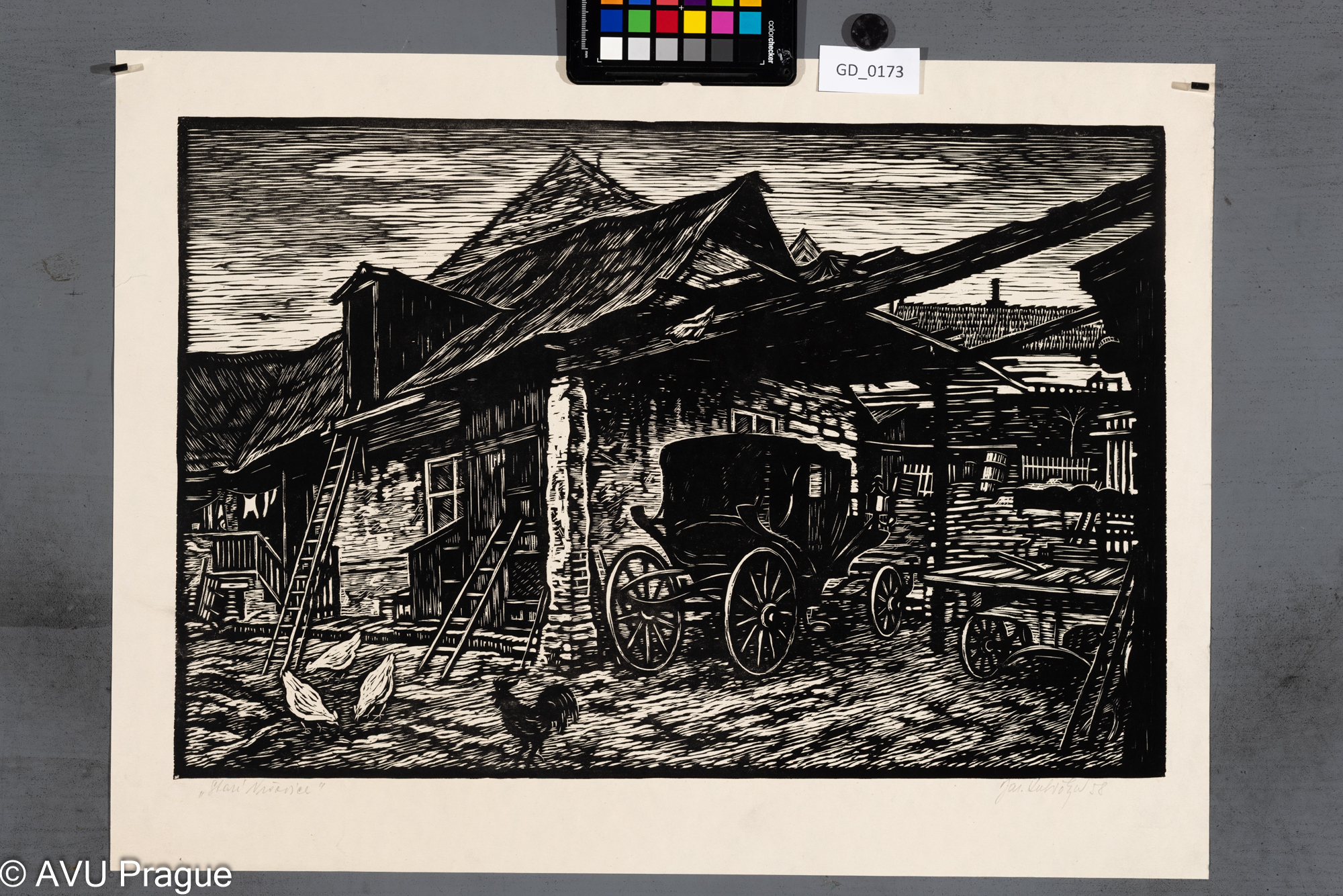 Jaroslav Kubička; Staré Vršovice; 1958; Dřevořez; 35,9 x 53,6;44,3 x 59,2; Silovský