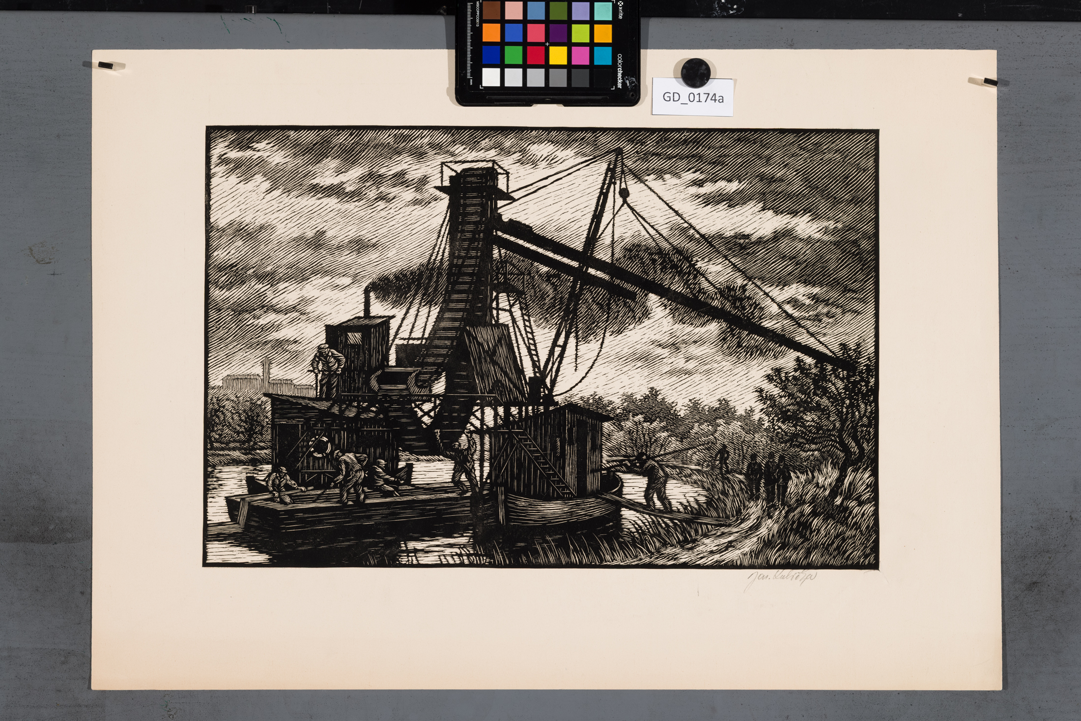 Jaroslav Kubička; Nakládání do člunu; Dřevoryt; 29,8 x 45,5; 43 x 61; Silovský