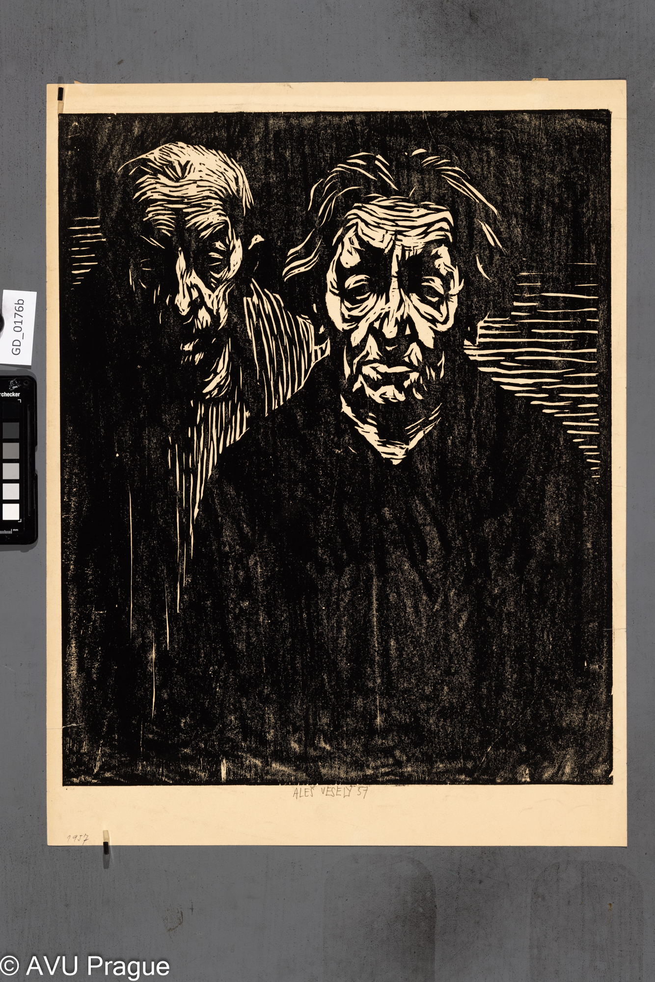 Aleš Veselý; Dvojice staříků;1957; Dřevořez; 51 x 41; 56,4 x 43;Silovský