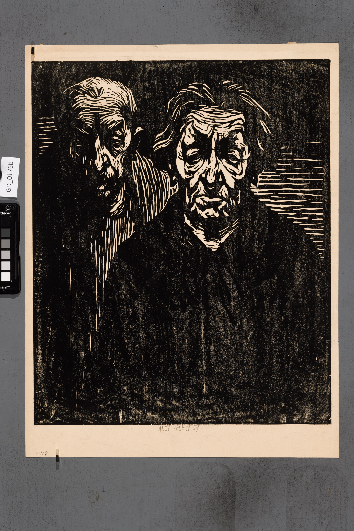 Aleš Veselý; Dvojice staříků;1957; Dřevořez; 51 x 41; 56,4 x 43;Silovský