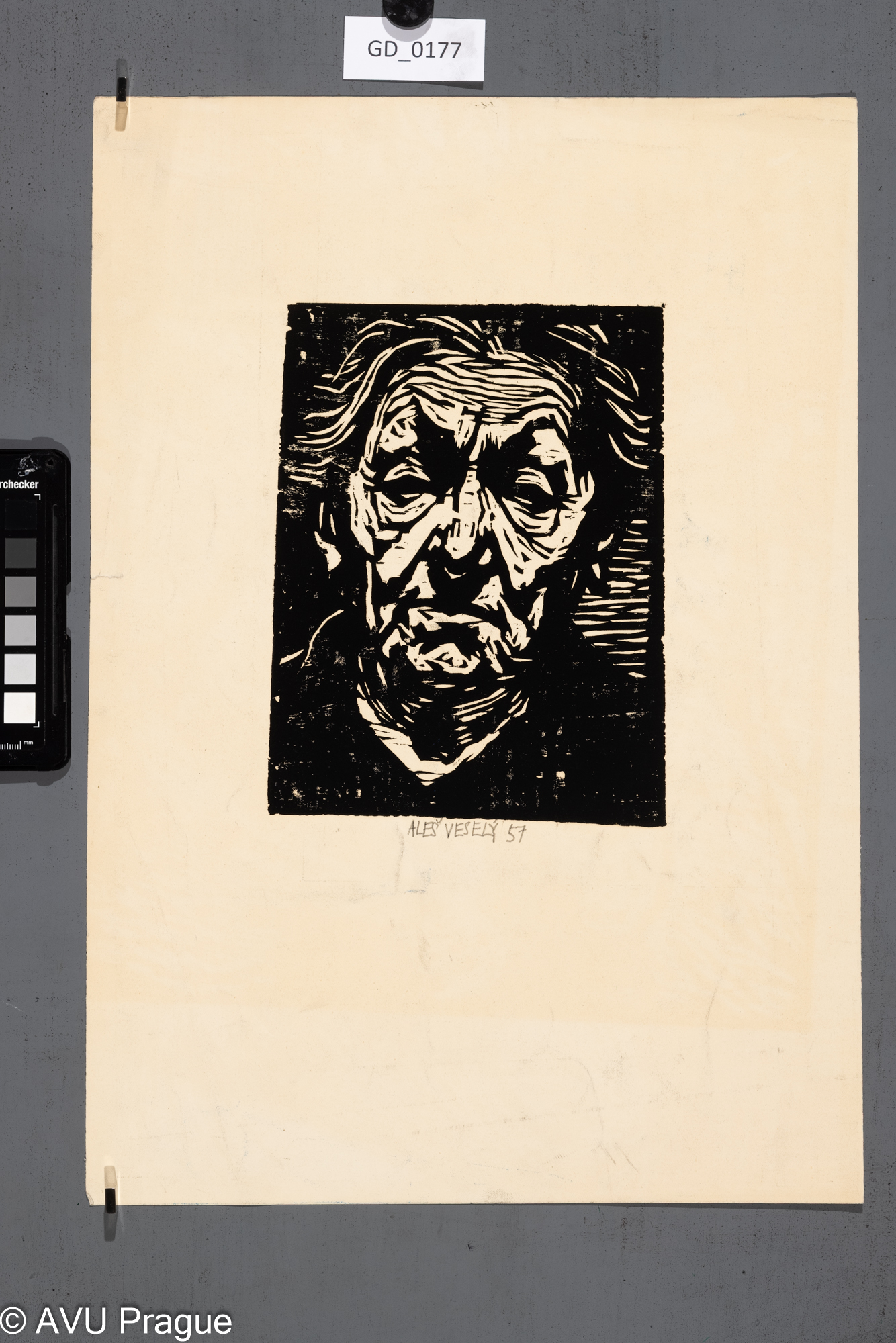 Aleš Veselý; Portrét matky ?;1957; Dřevořez; 20,3 x 15,5;43,2 x 30; Silovský