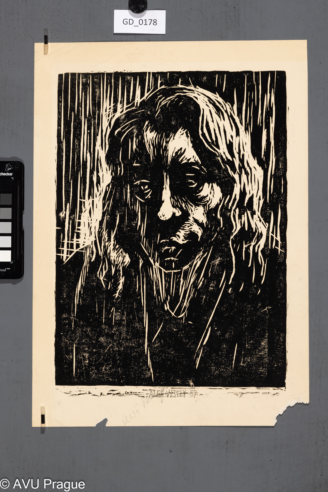 Aleš Veselý; Portrét ženy; 1957;Dřevořez; 33,5 x 24,5; 40,3 x 29,2;Silovský