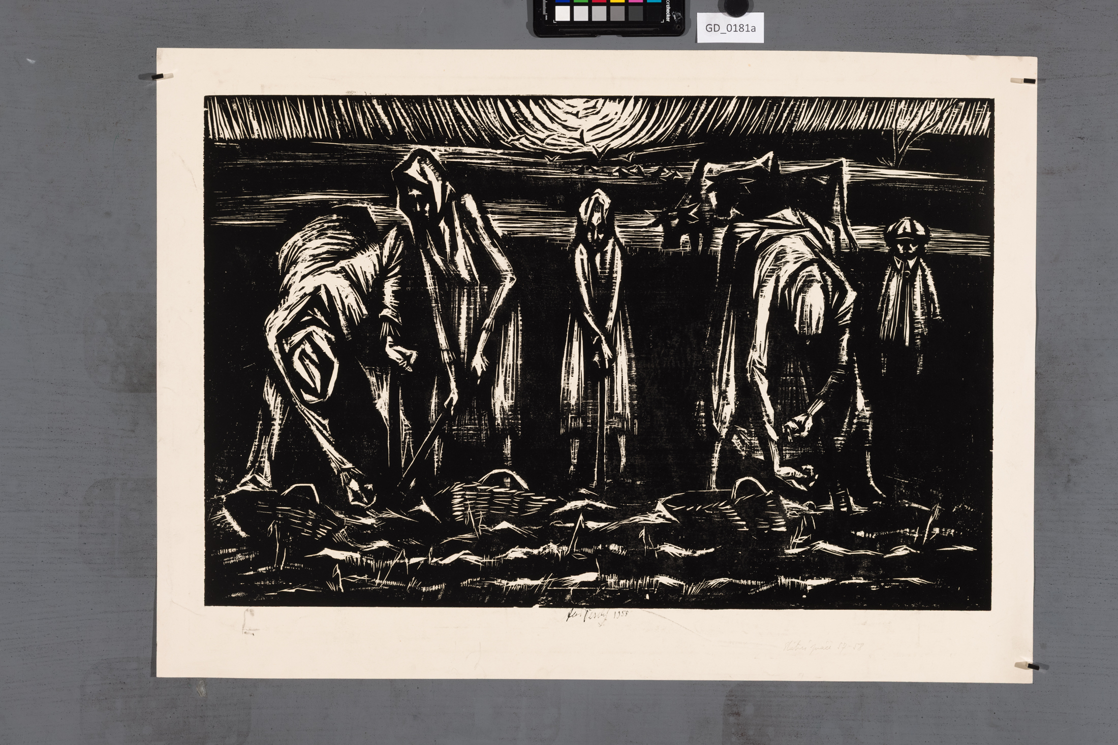 Aleš Veselý; Práce na poli; 1958; Dřevořez; 42,3 x 65; 52 x 72,5;Silovskýstatní práce 57 - 58
