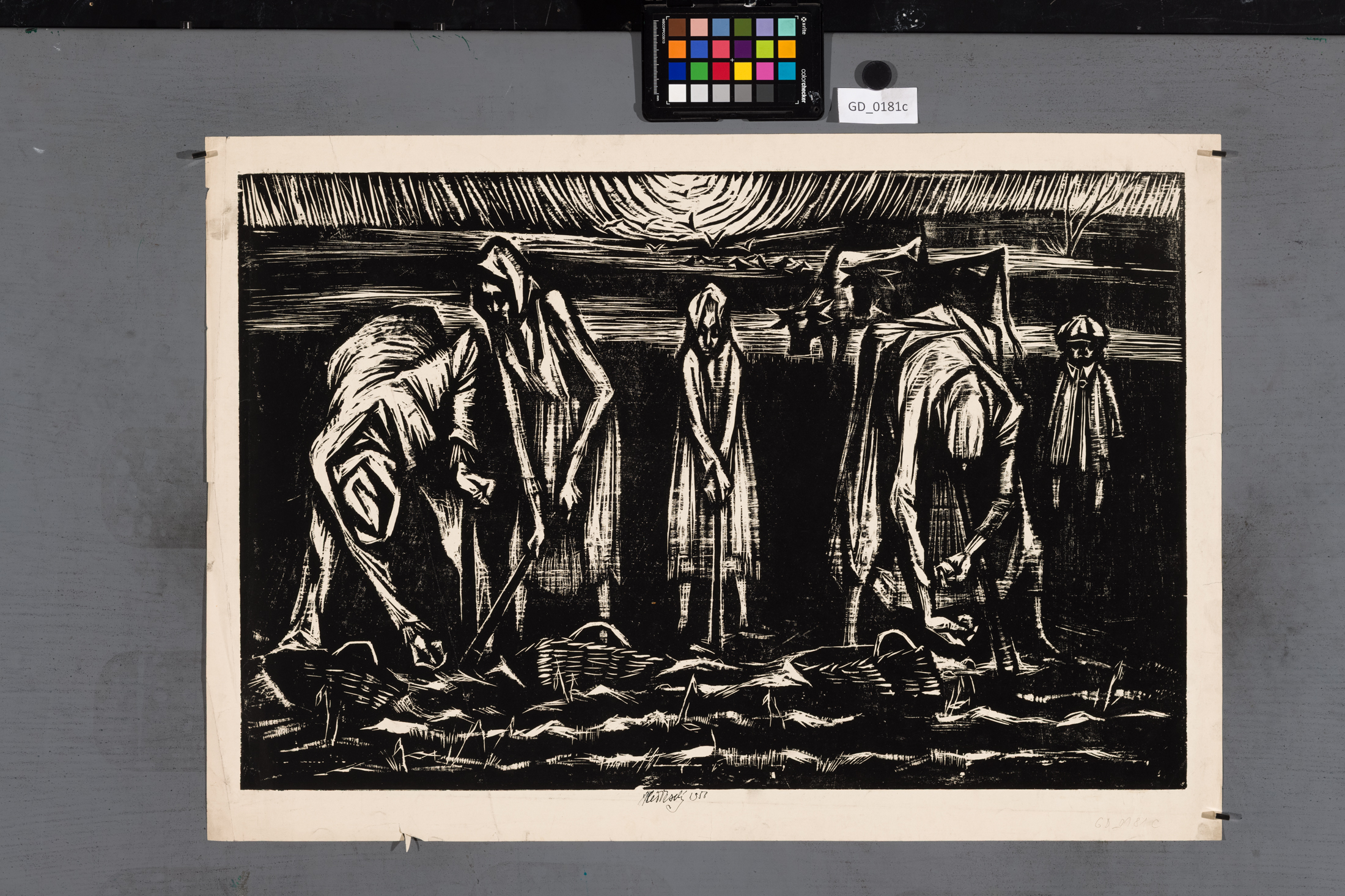 Aleš Veselý; Práce na poli; 1958;Dřevořez; 42,3 x 66; 48,5 x 69,7;Silovský