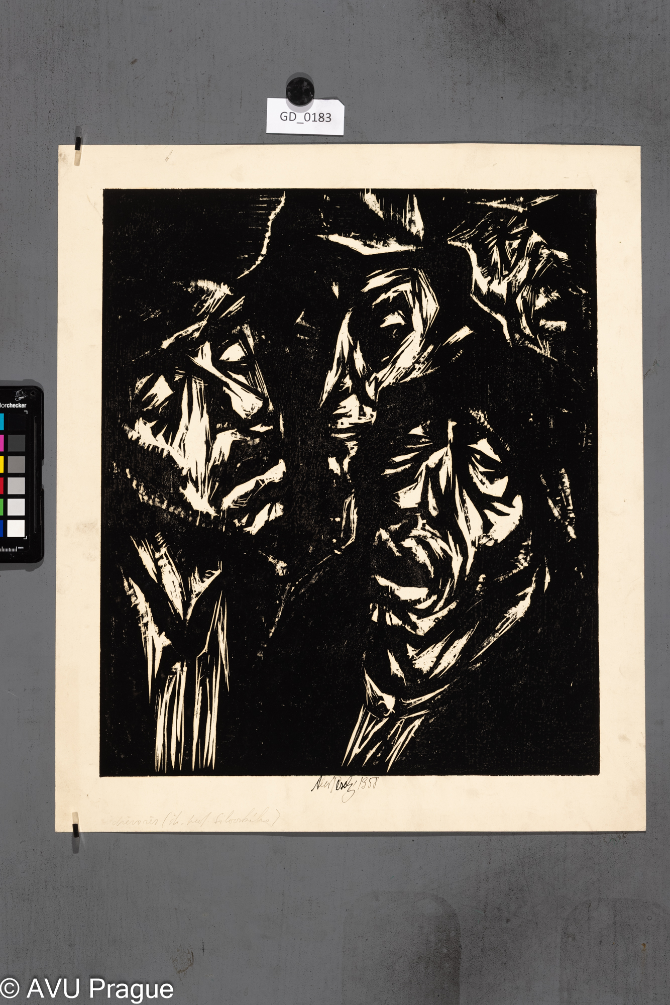 Aleš Veselý; Ve vlaku;1958; Dřevořez; 41,5 x 33; 48,2 x 37,6;Silovský