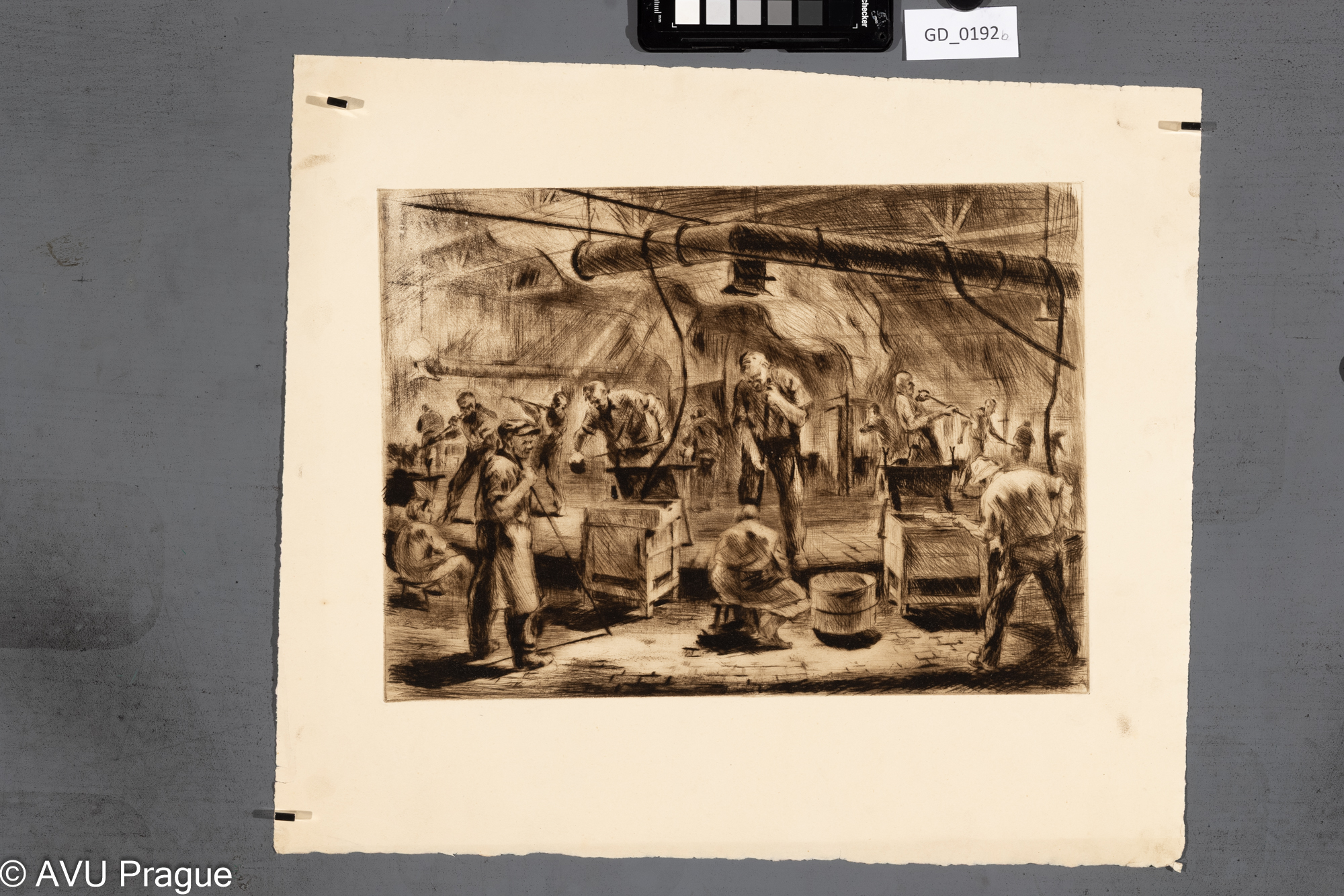 Zdeňek Veselý, Ve sklárně, 1955,Suchá jehla, 25.5 x 35, 38,8 x 44,6,Silovský