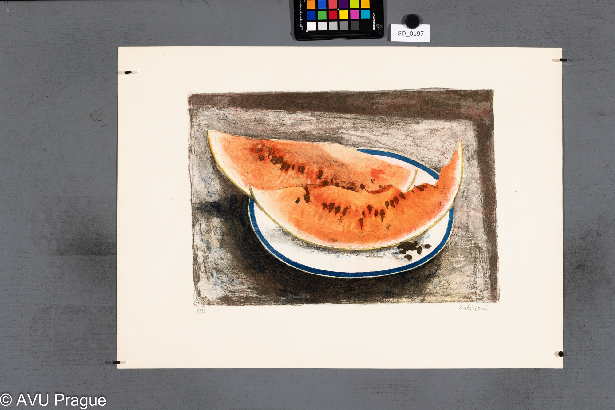 Jiřina Kubínová, Meloun na taíiři,Barevná litografie - tuž lavirovana,29,5 x 42,5, 44,5 x 62 , Silovský