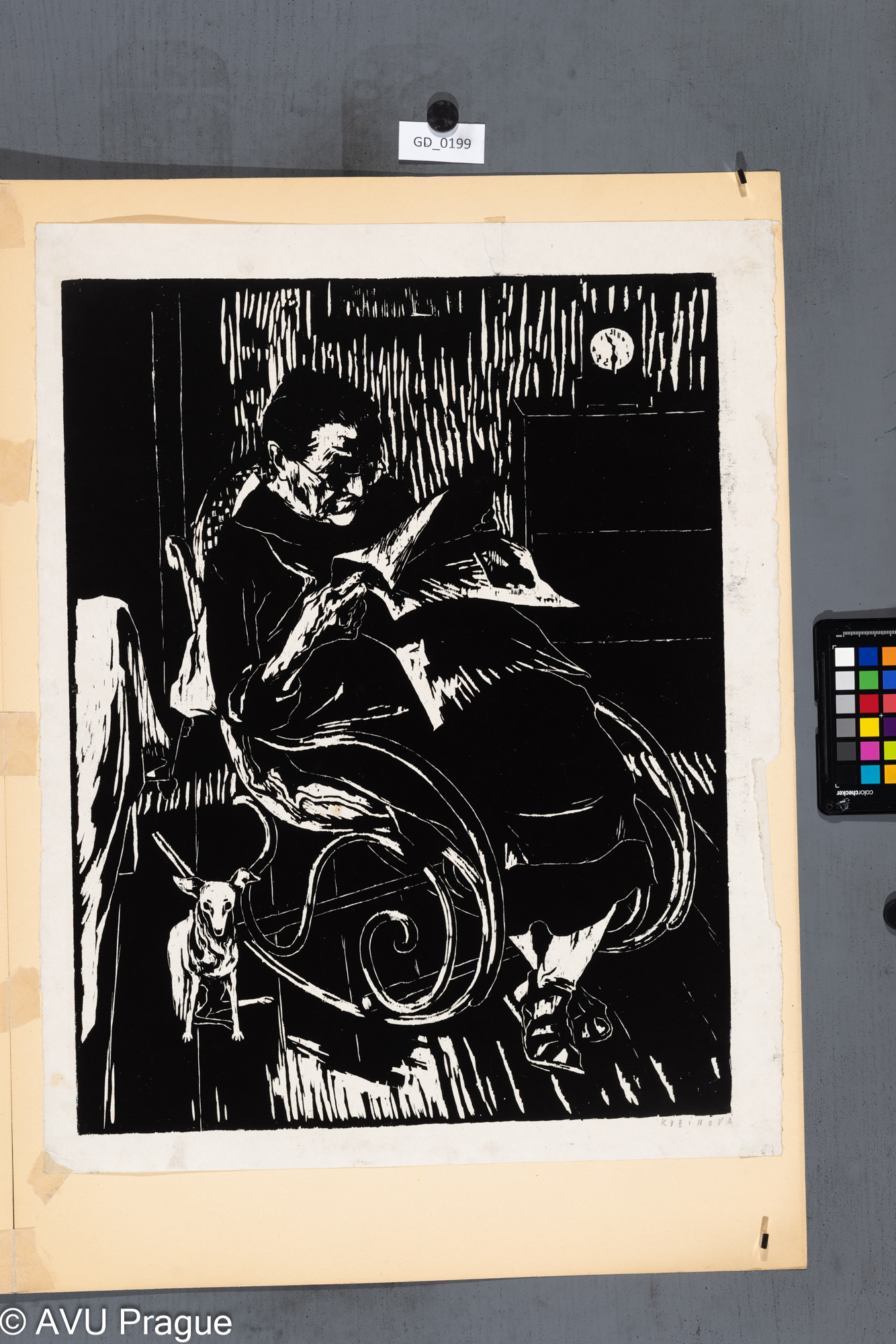 Jiřina Kubínová, Čtenářka v houpacím křesle, Dřevořez,53,5 x 41,5, 59,7 x 47, Silovský