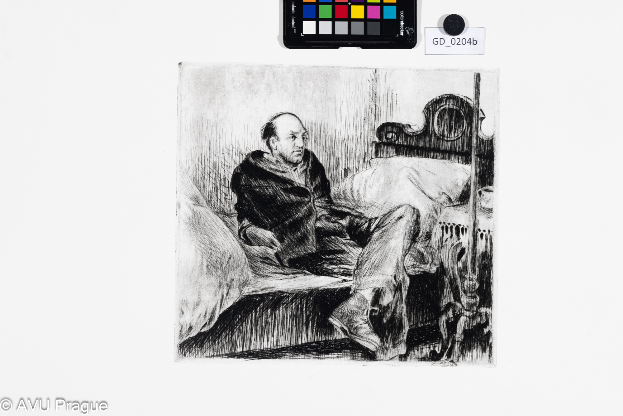 Jiřina Kubínová, Muž sedící na posteli, Suchá jehla, 27,9 x 30,2,49,5 x 70,1, Silovský, novotisk z originální matrice 2023