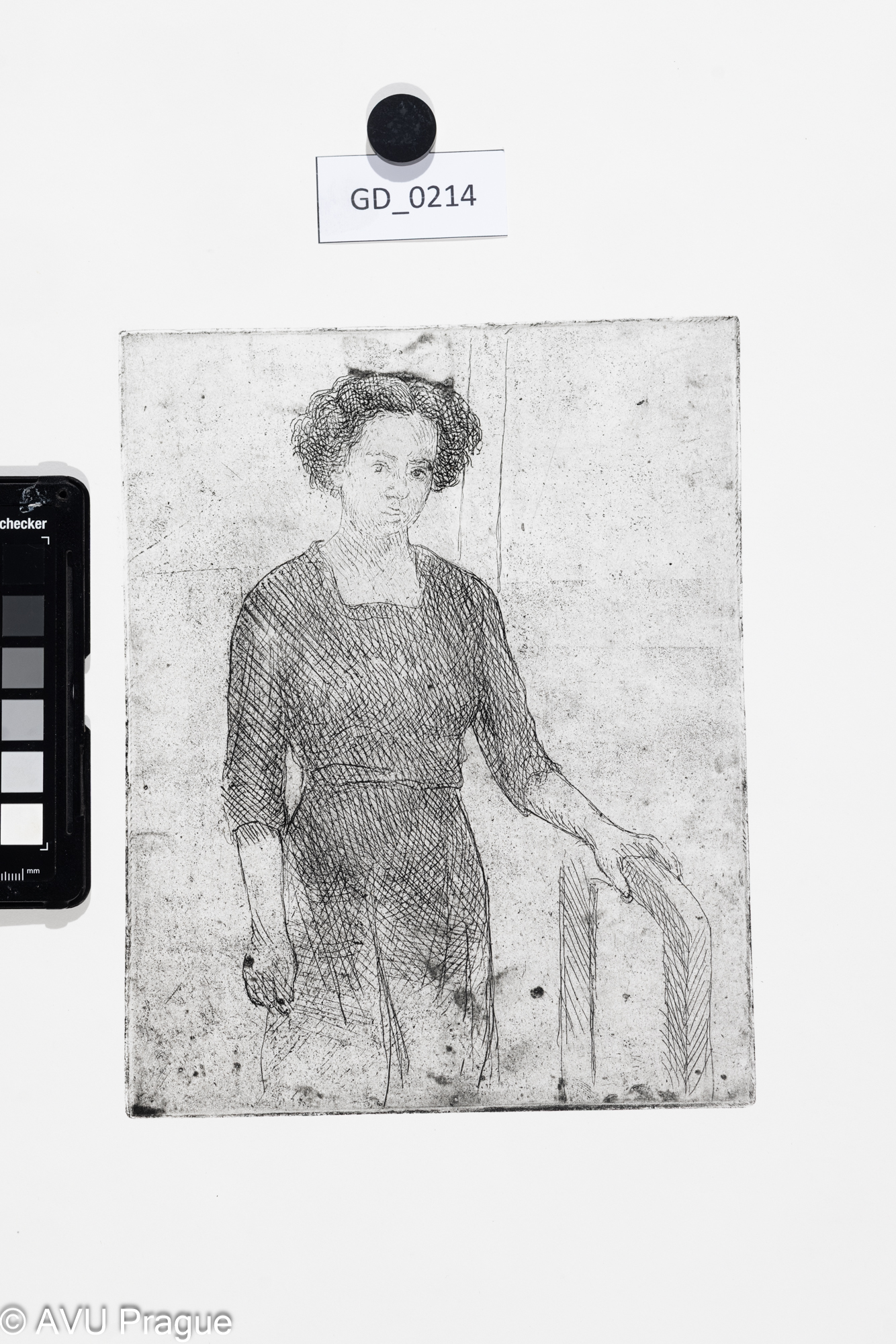 Jiřina Kubínová, Polopostava dívky v trikotu, Lept, 22,2 x 18,50 x 35Silovský, novotisk z originální matrice 2023 - revers - poničená