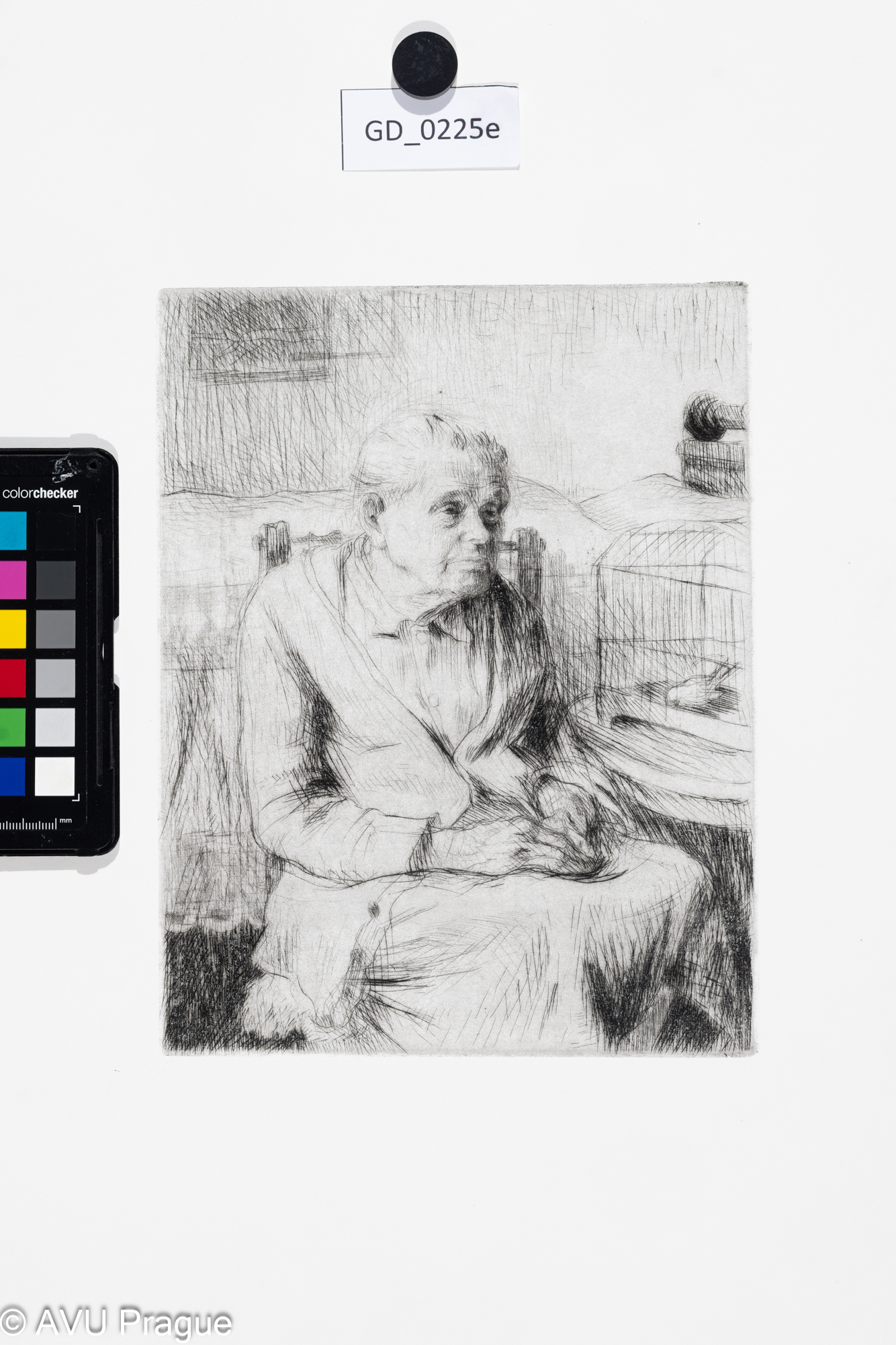 Jiřina Kubínová, Babička s kanárkem, Suchá jehla, 29 x 19,5,46,7 x 38,2, Silovský, novotisk z originální matrice 2023