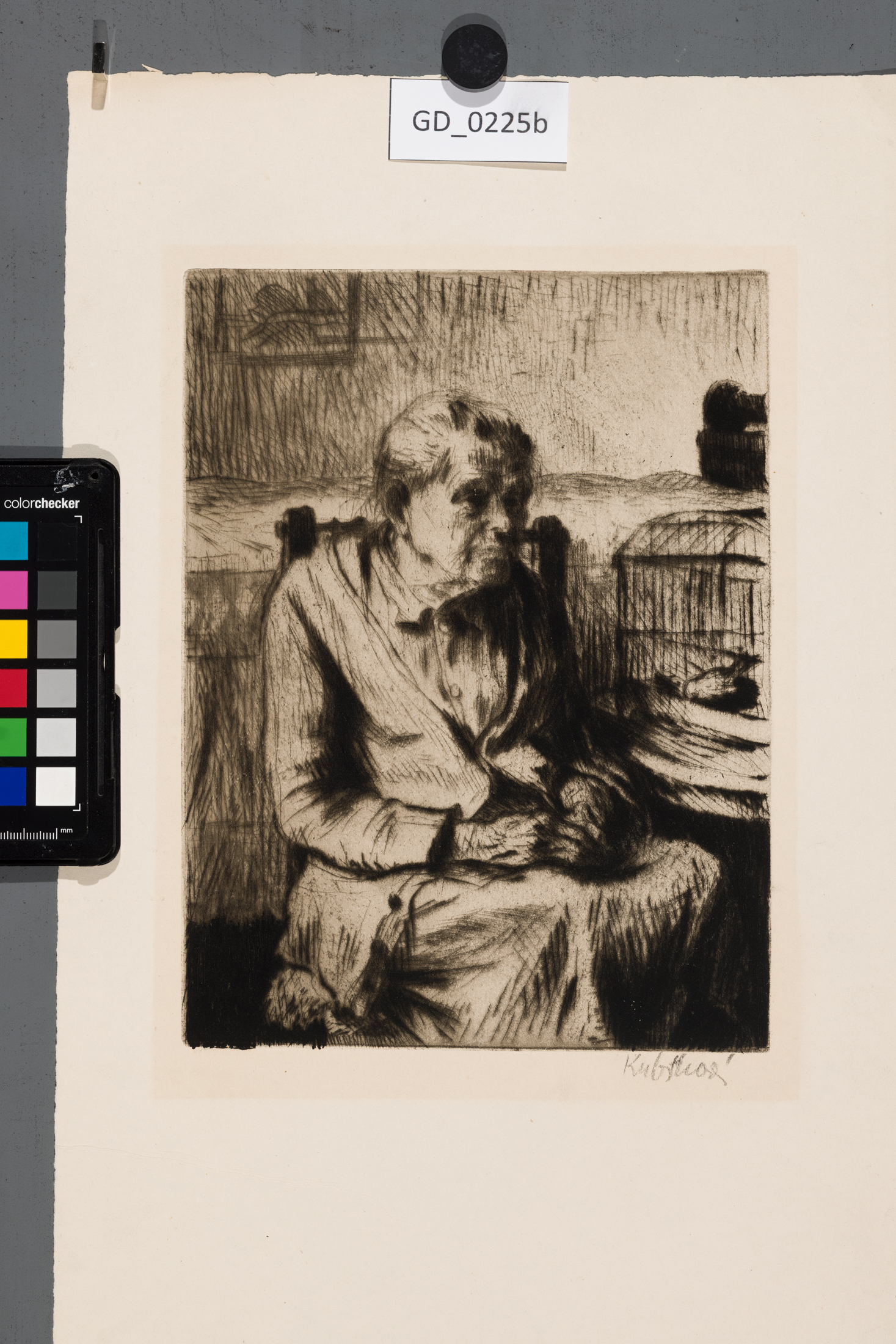 Jiřina Kubínová, Babička s kanárkem,,1957, Suchá jehla, 26 x 19,5, 42 x 26,7,Silovský