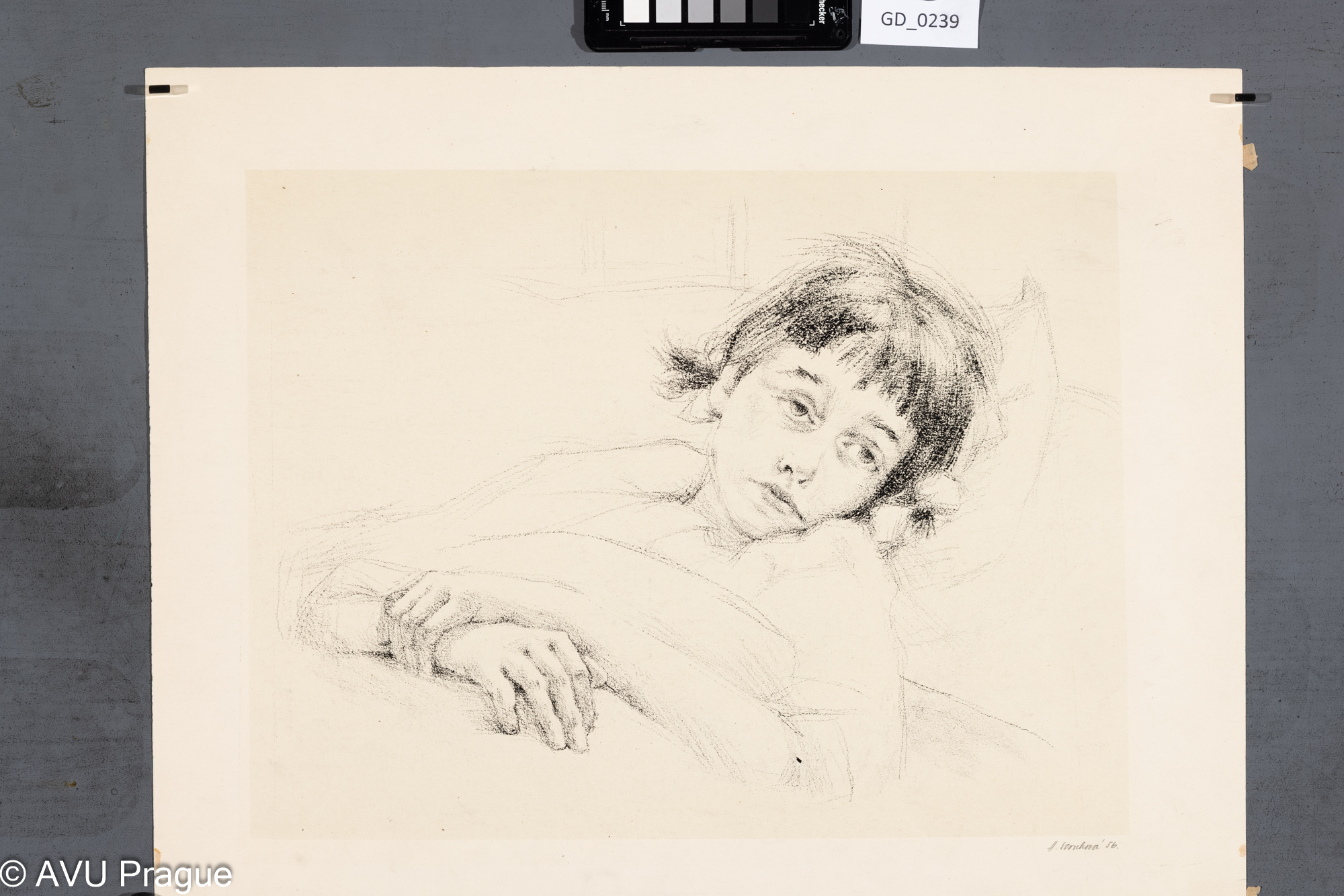 Hana Storchová, Nemocná dívka, 1956, Litografie - podtisk, 31 x 41,3, 41,1 x 51, Silovský