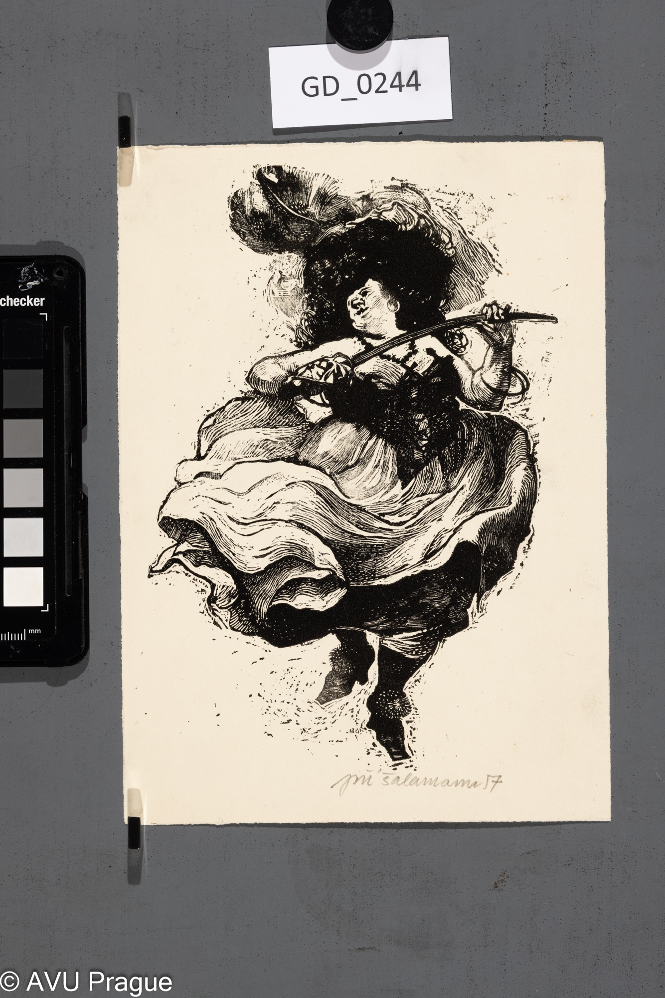 Jiří Šalamoun, Tanečnice - kankán, 1957, dřevoryt,20,6 x 14,9, Silovský