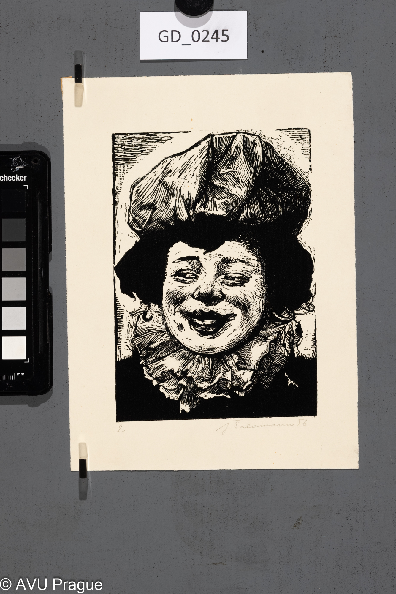 Jiří Šalamoun, Hlava klauna ?,1957, dřevoryt, 14,3 x 10,3,20,3 x 14,9, Silovský