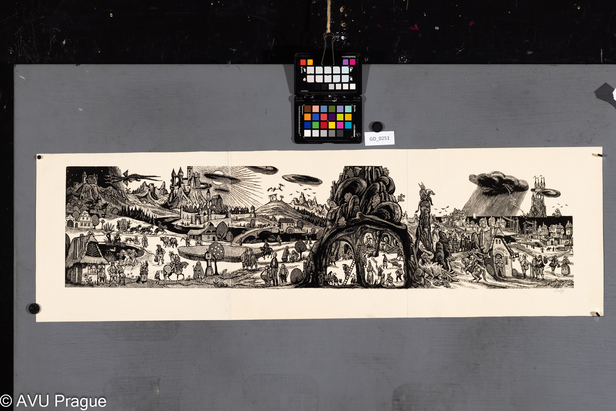 Zdeněk Mézl, Pohádkové panorama, Dřevoryt, 22,5 x 93,5,31x 104,5, Silovský