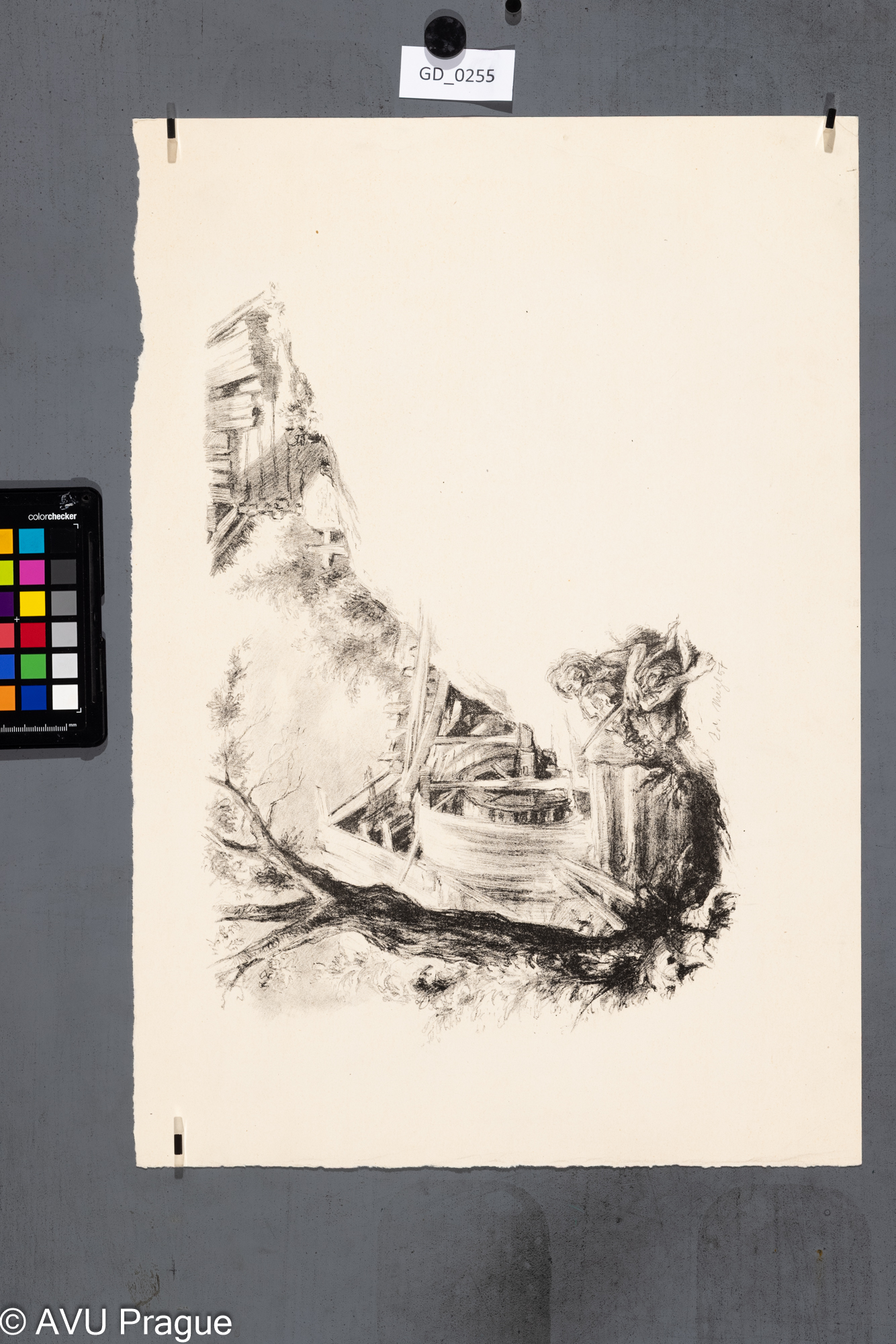 Zdeněk Mézl, Houslista hrajicí u mlýnského kola - ilustrace, 1957,Litografie, 35 x 50,3Silovský