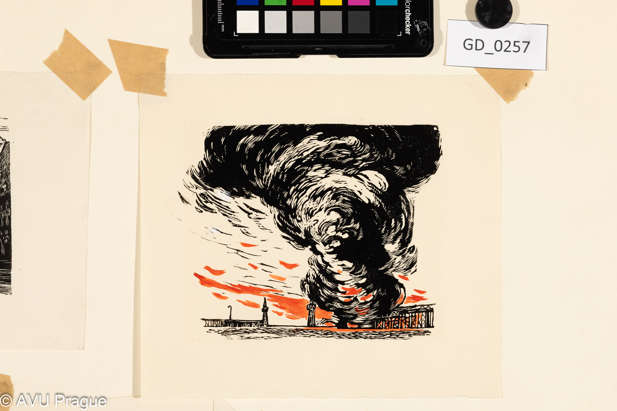 Zdeněk Mézl, Ilustrace - Výbuch mostu, 1960, Dřevoryt ; kolorováno červenou, korekce bělobou11,5 x 14,517,5 x 19,5Silovskýv paspartě s 4 dalšími motivy