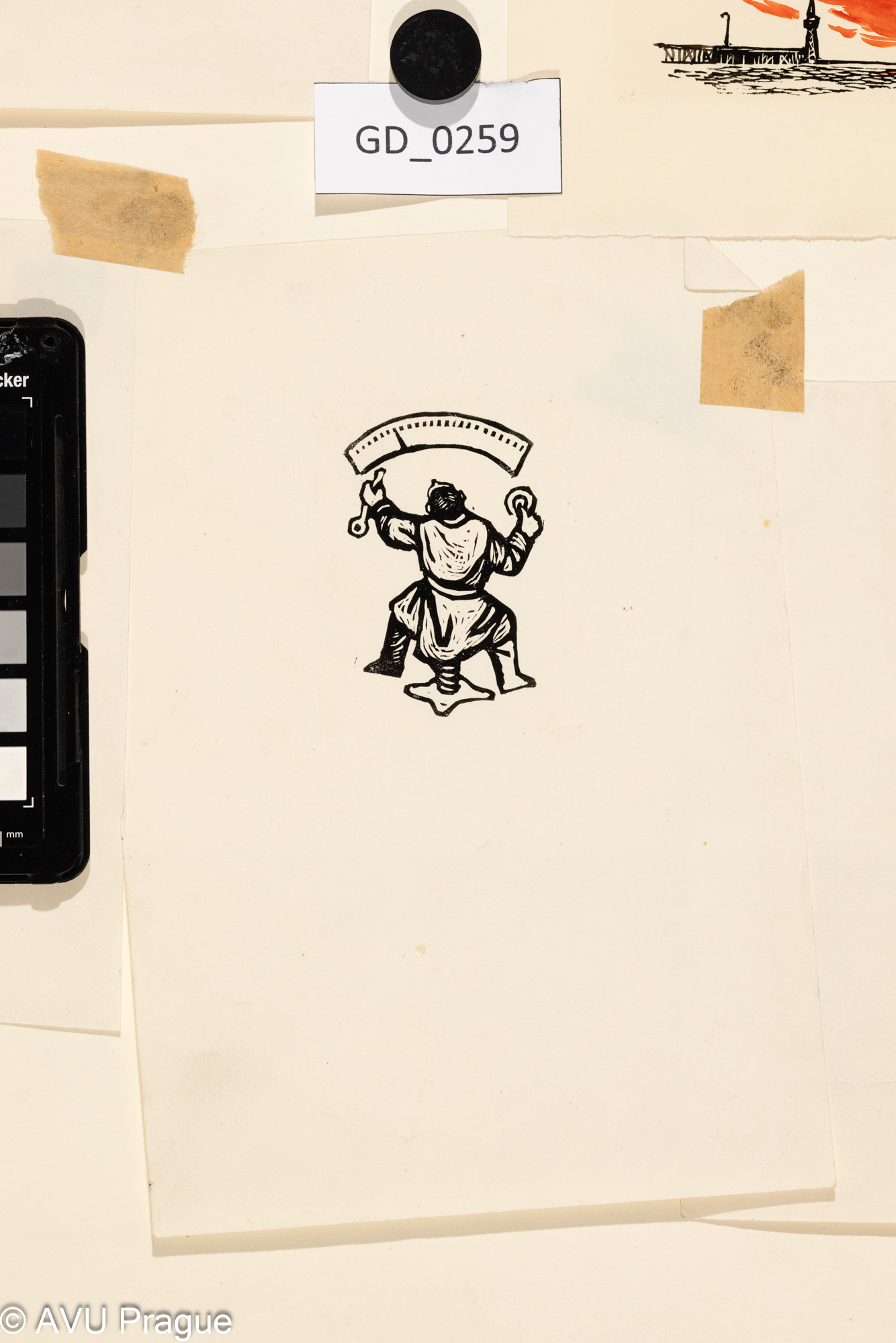 Zdeněk Mézl, ilustrace - sedící muž ze zadu, 1960, Dřevoryt,6,9 x 4,3, 21,3 x 15,1,Silovskýv paspartě s 4 dalšími motivy