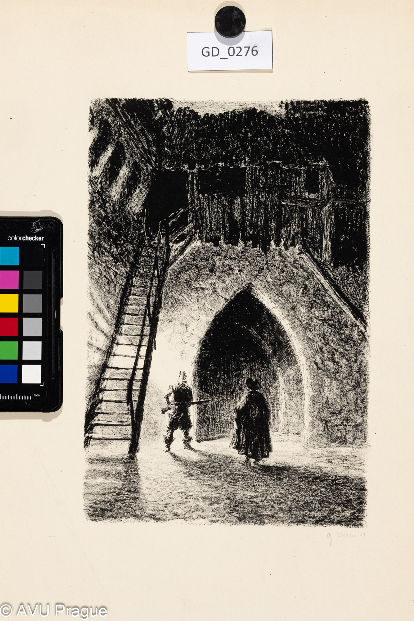 Gustav Krum, Ilustrace - hlídka před bránou, 1953, Litografie,27 x 18, 50,3 x 35Pukl