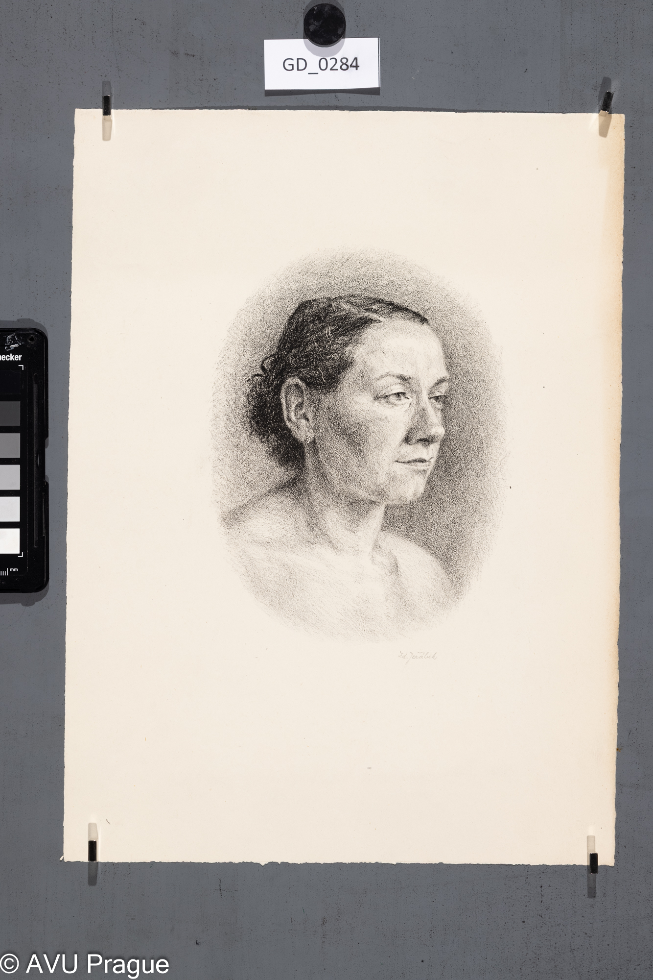 Zdeňek Jeřábek, Hlava ženy (ovál), Litografie, 19 x 14, 35,7 x 25,8Pukl