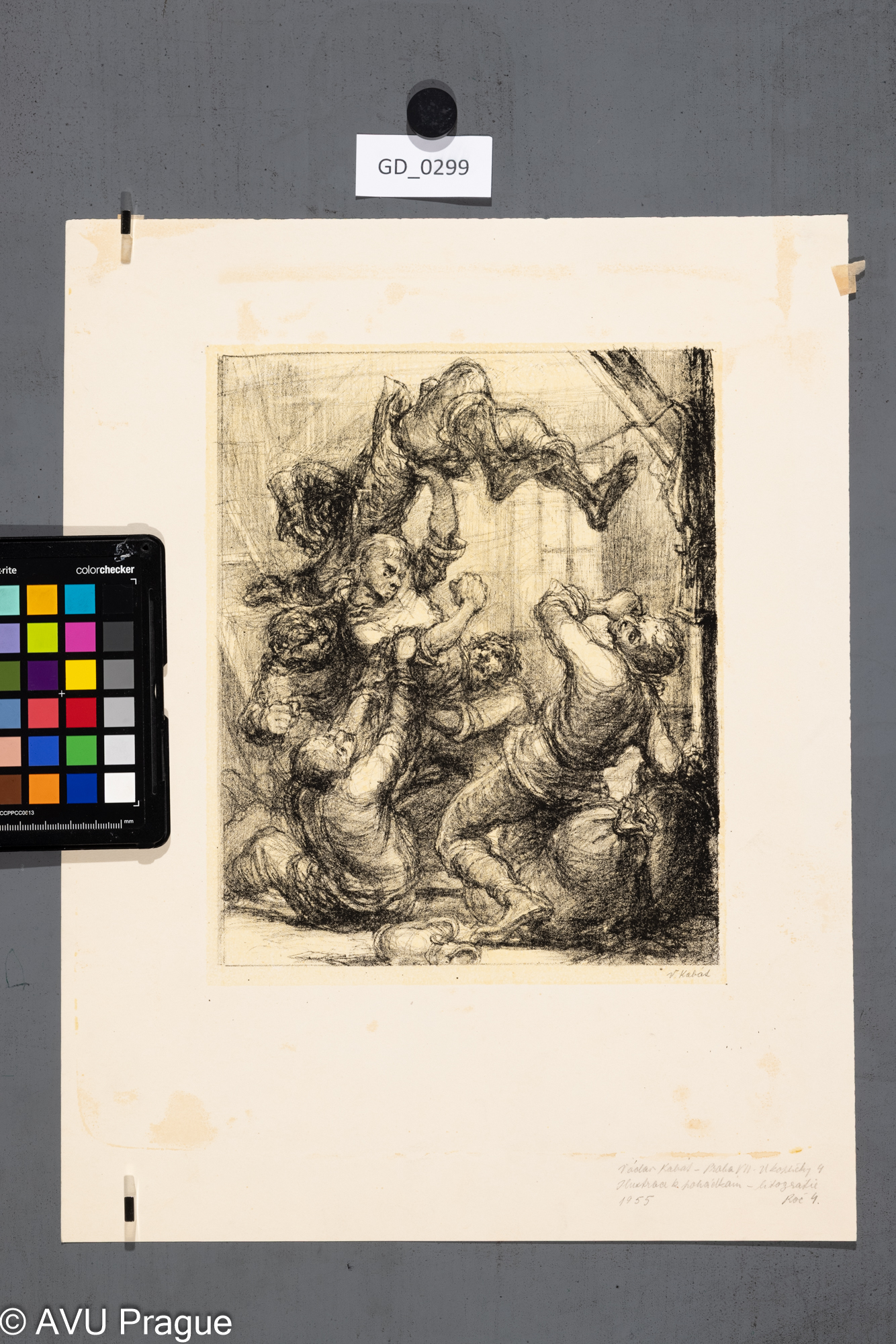 Vaclav Kabát, ilustrace - pohádky (bitka), 1955, Litografie - podtisk, 25,6 x 20,6, 40,3 x 31,5Pukl