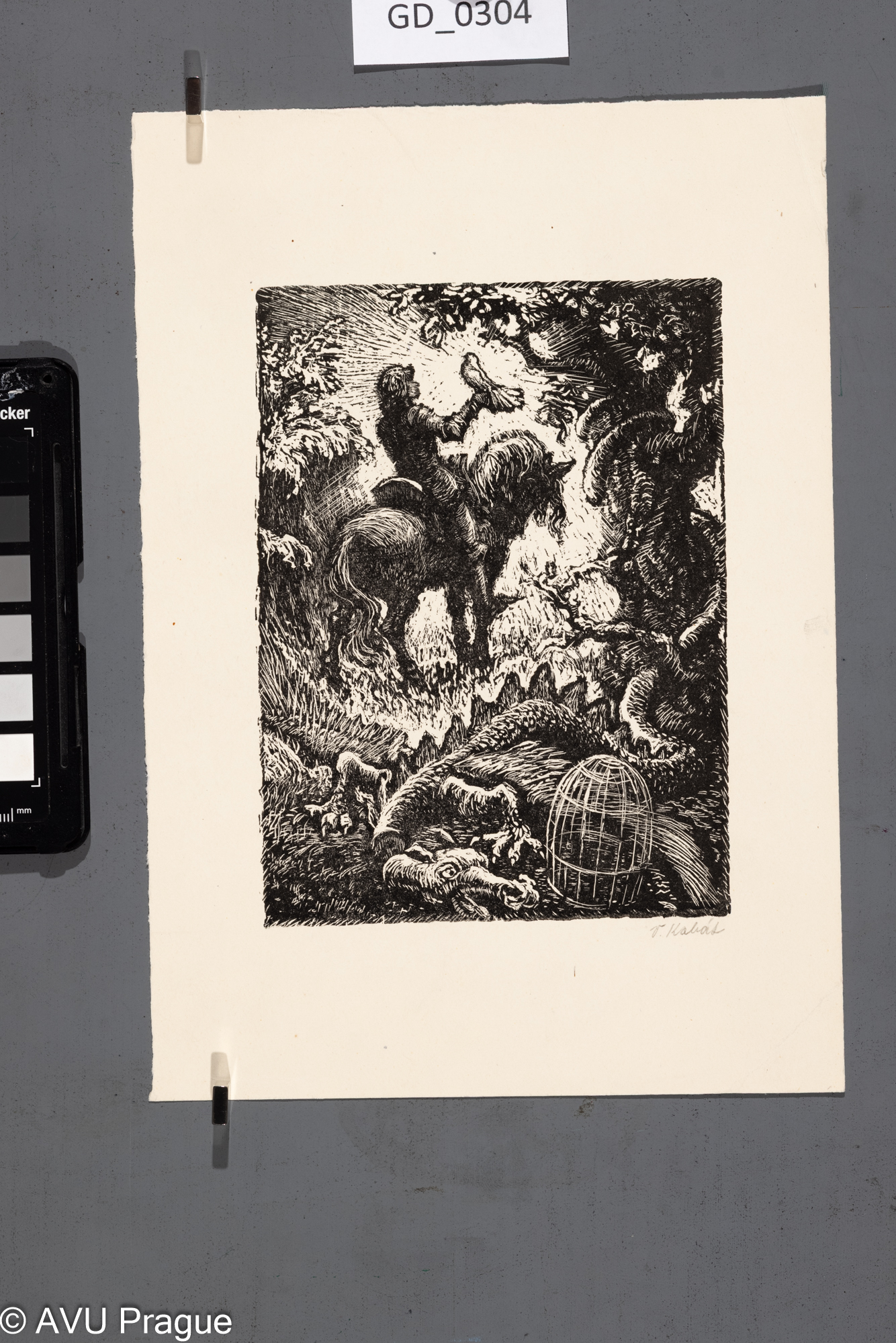 Václav Kabát, Pohádkový motiv - jezdec, pták, saň,Dřevoryt, 16 x 11,7, 25,2 x 17,5, Pukl