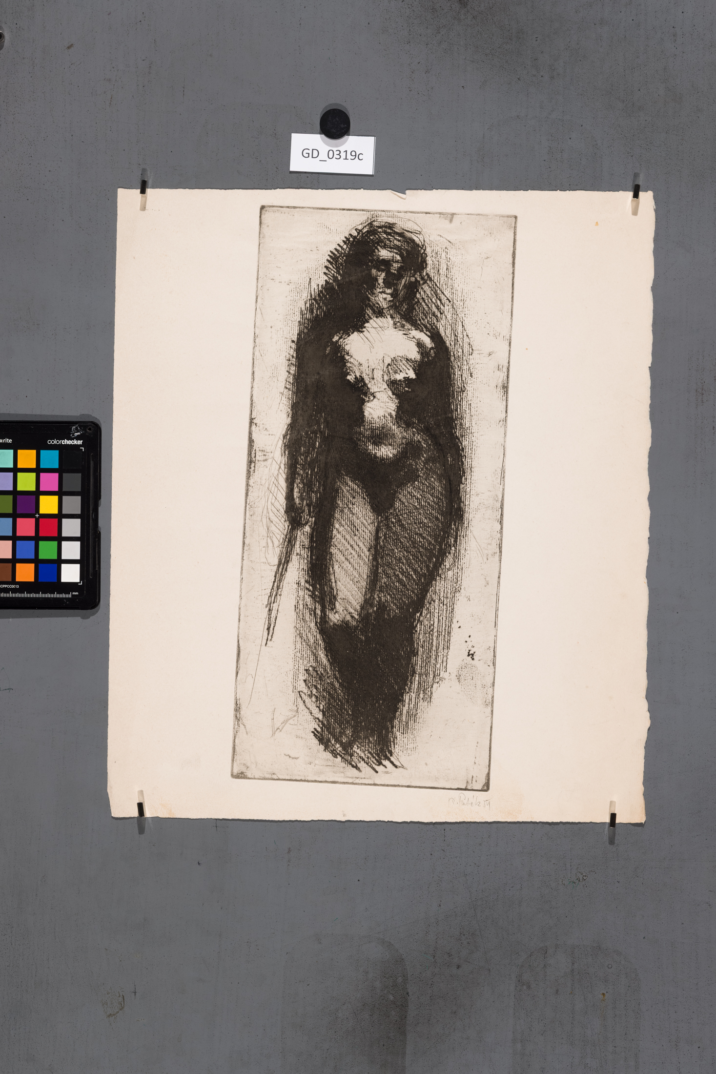 Karel Paták, Velký ženský akt,1954, Lept / Měkký kryt, 38,8 x 17,5 , 41,6 x 35,5, Pukl, - 2. stav